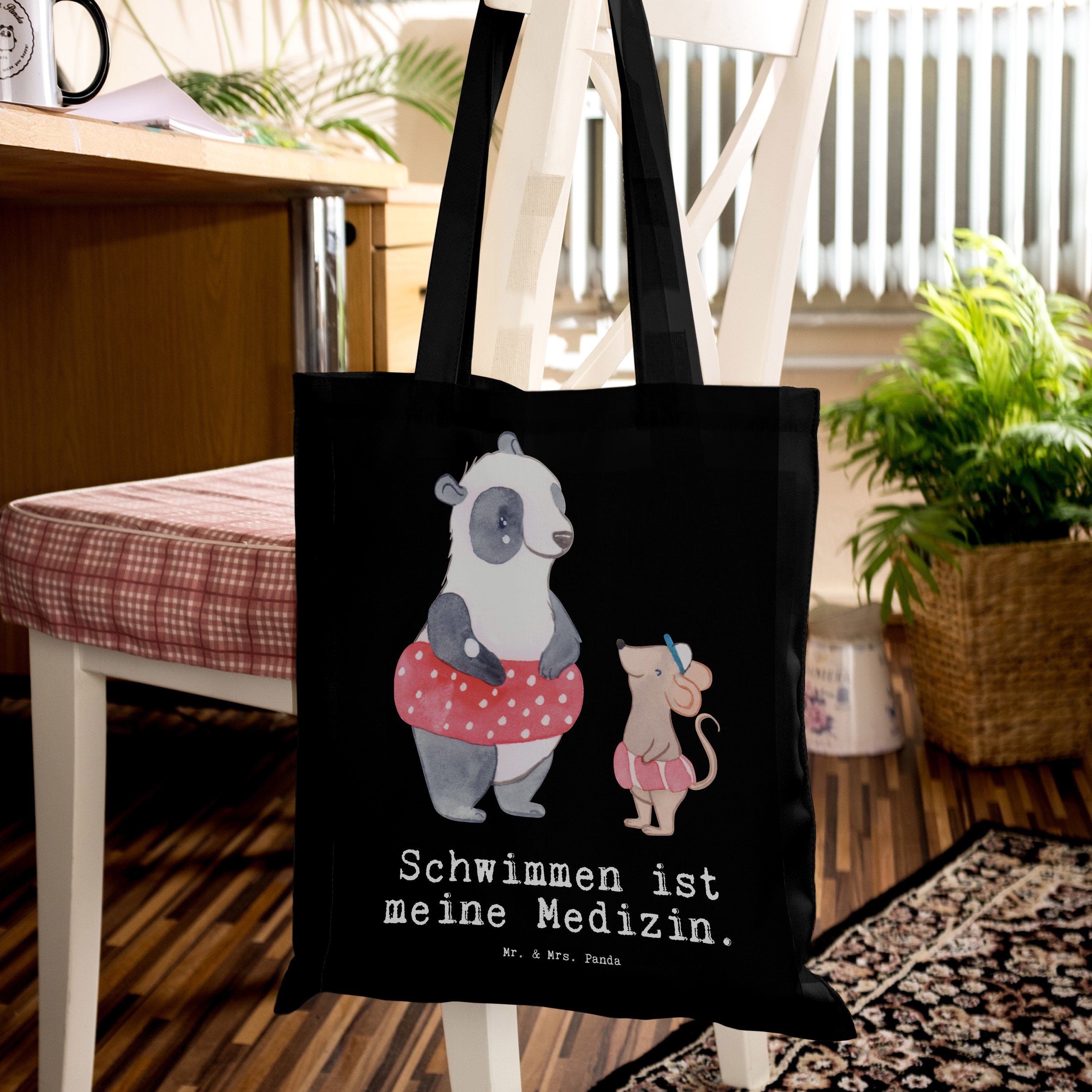 (1-tlg) Panda Medizin Schwimmen Beuteltasch - Schwarz - & Geschenk, Tragetasche Mr. Mrs. Jutebeutel, Otter