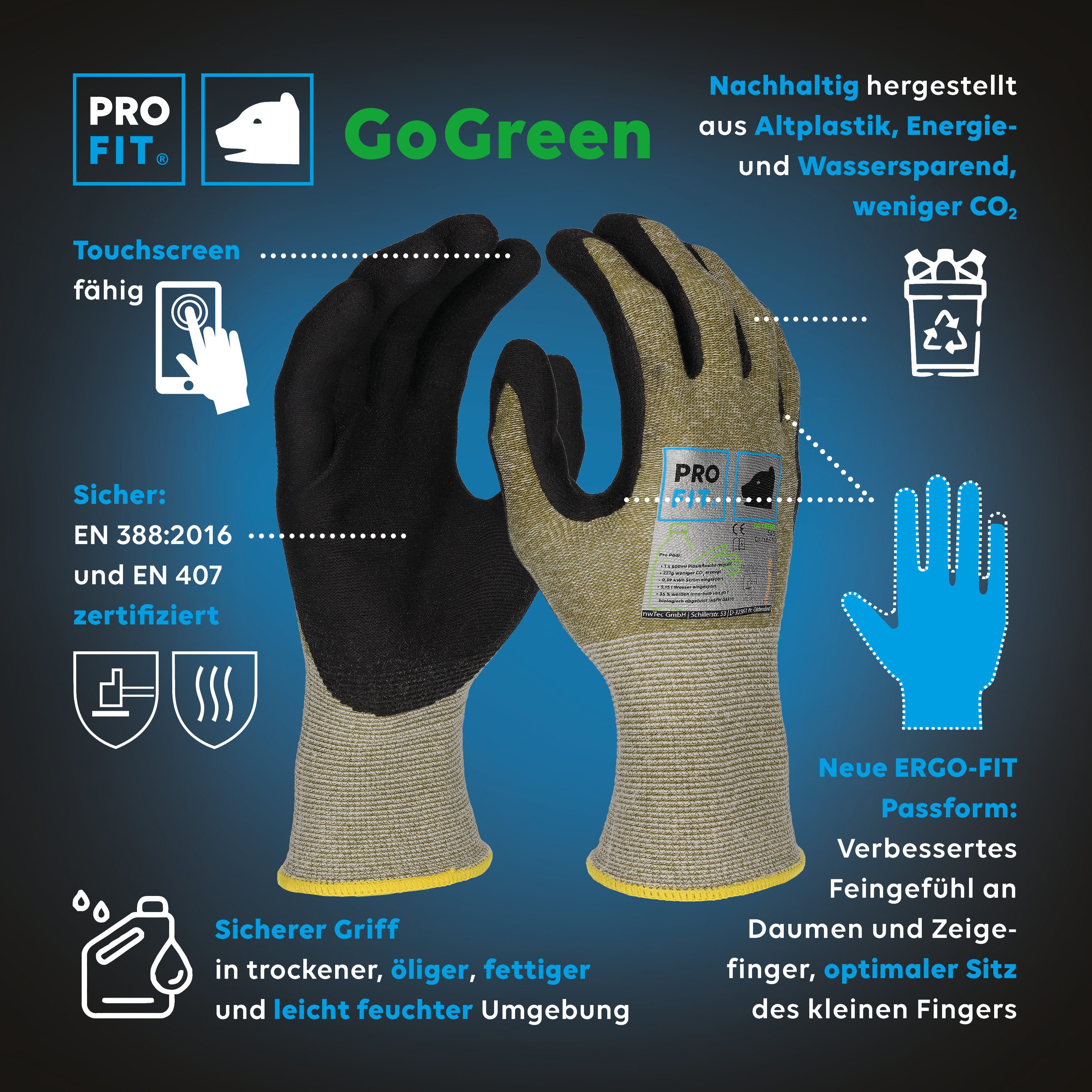 PRO FIT Montage-Handschuhe, GO GREEN Nitrilschaum Arbeitshandschuh, Gartenhandschuh (12, Paar) atmungsaktiv, ERGO-FIT Passform, nachhaltiges Produkt, flexibel