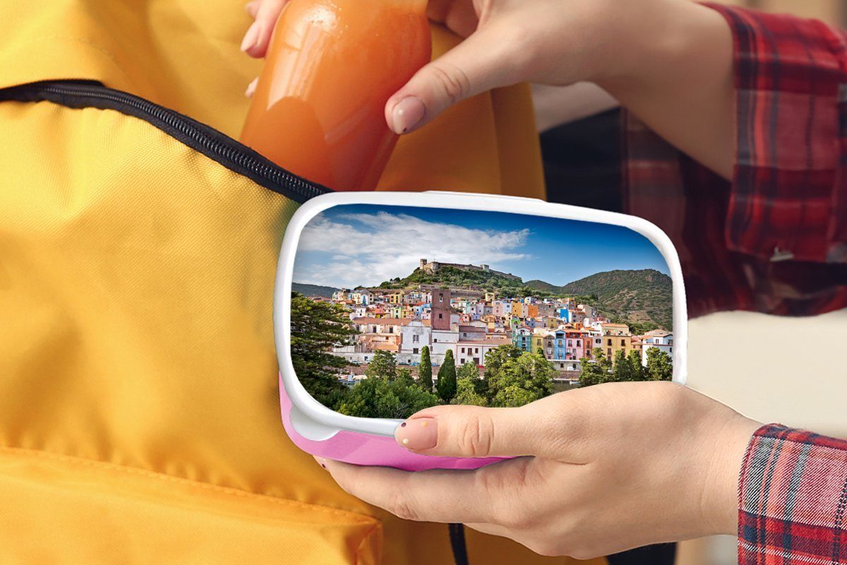 Kinder, Blick Kunststoff, auf auf Lunchbox Kunststoff MuchoWow Brotdose Mädchen, Snackbox, Brotbox Erwachsene, rosa bunte für die (2-tlg), Sardinien, Der Stadt