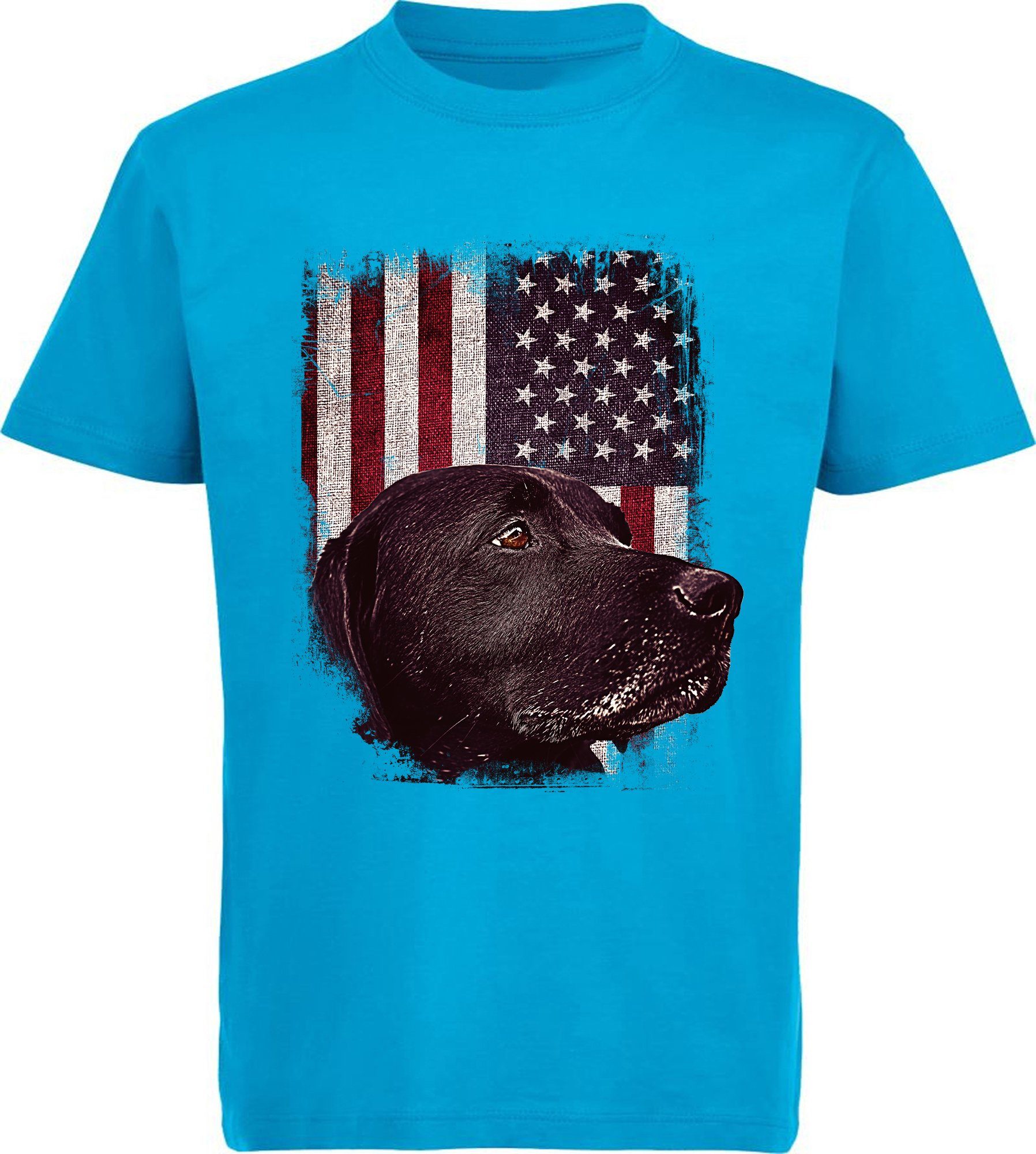 MyDesign24 T-Shirt Kinder Hunde Print Shirt bedruckt - schwarzer Labrador vor USA Flagge Baumwollshirt mit Aufdruck, i246 aqua blau