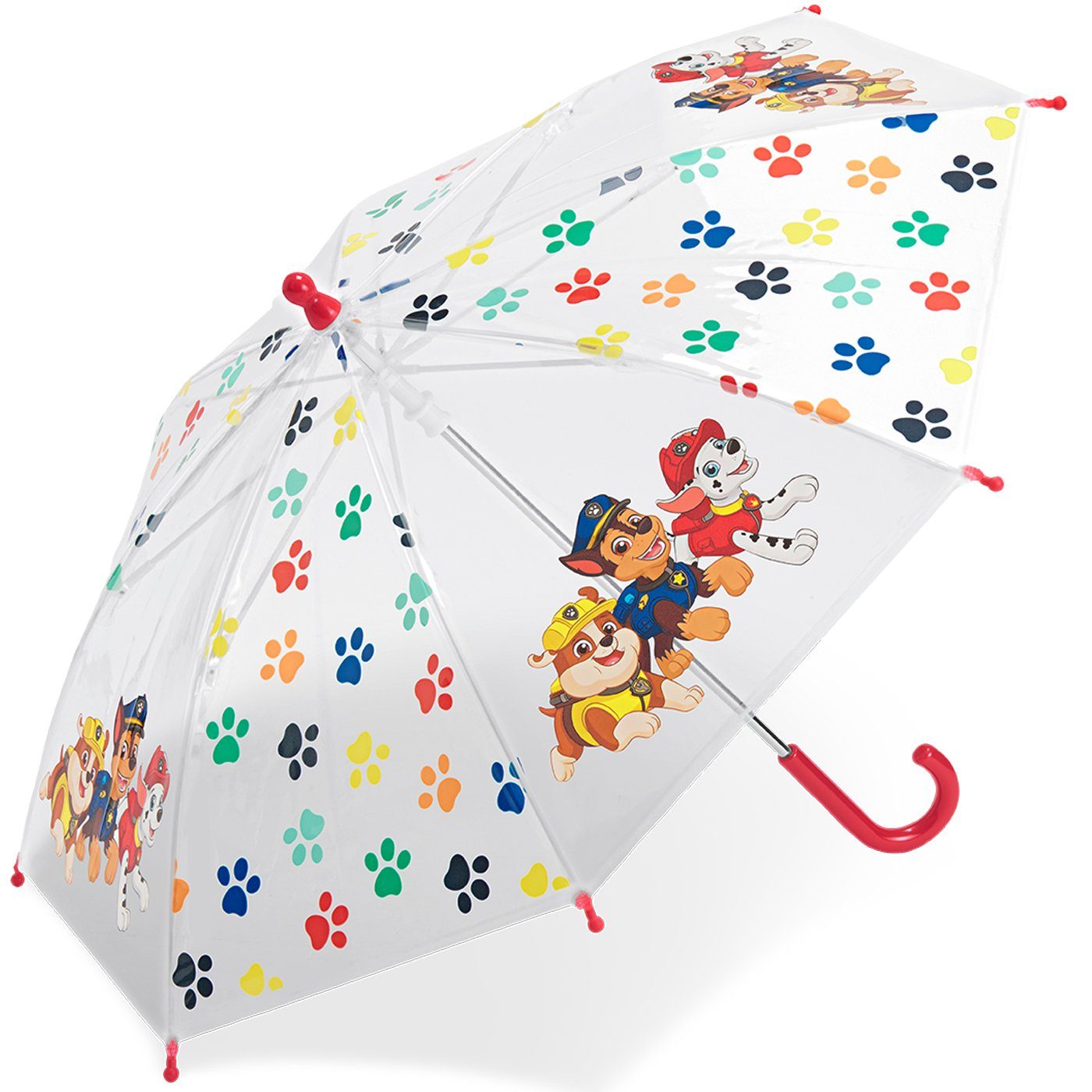 HAPPY RAIN Stockregenschirm Kinder-Stockschirm transparent durchsichtig, mit Paw Patrol Fellfreunde Pfoten Motiven