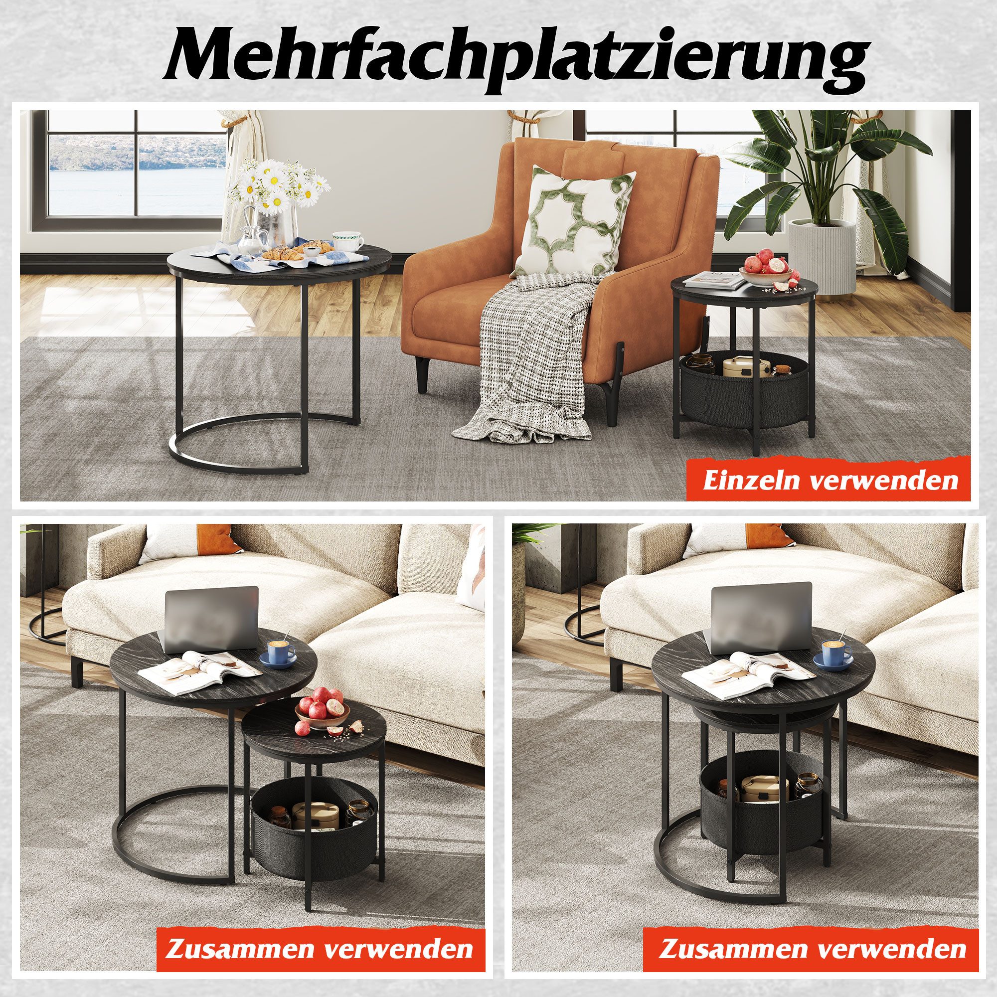 WLIVE Couchtisch Couchtisch 2er‑Satztisch rund mit Stauraum, (Beistelltisch mit Stoffkorb & Metallgestell, Holzoptik, 2er Set), 2 in 1 Verschachtelung – Bild 5 von 5