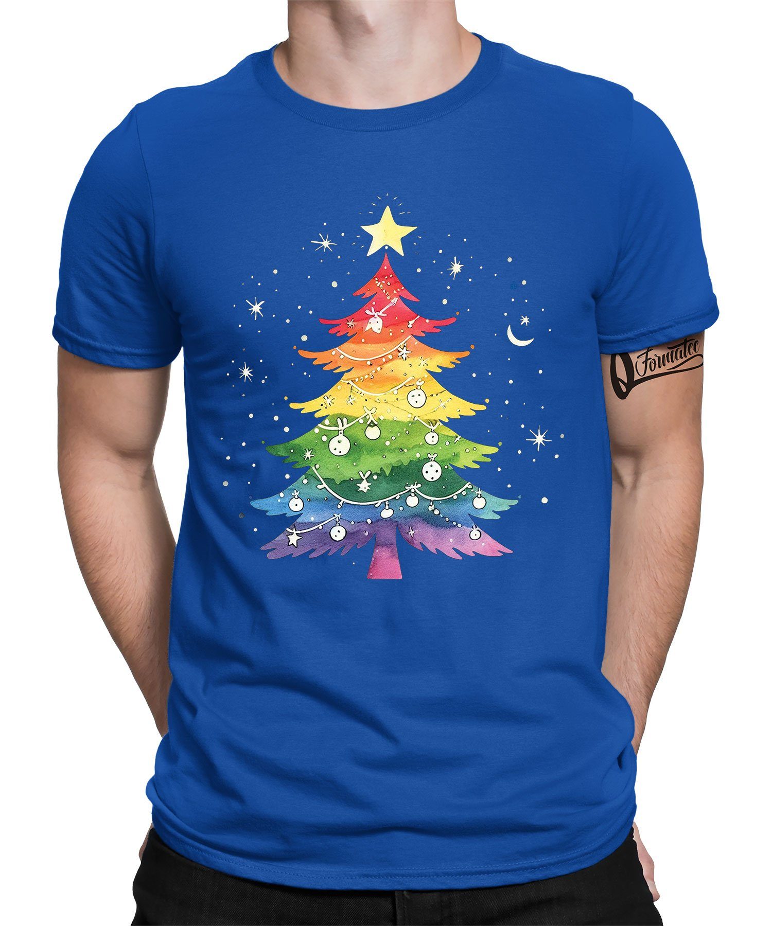 Weihnachten Weihnachtsgesc X-mas Regenbogen Formatee - Quattro Christmas Blau Weihnachtsbaum Kurzarmshirt (1-tlg)