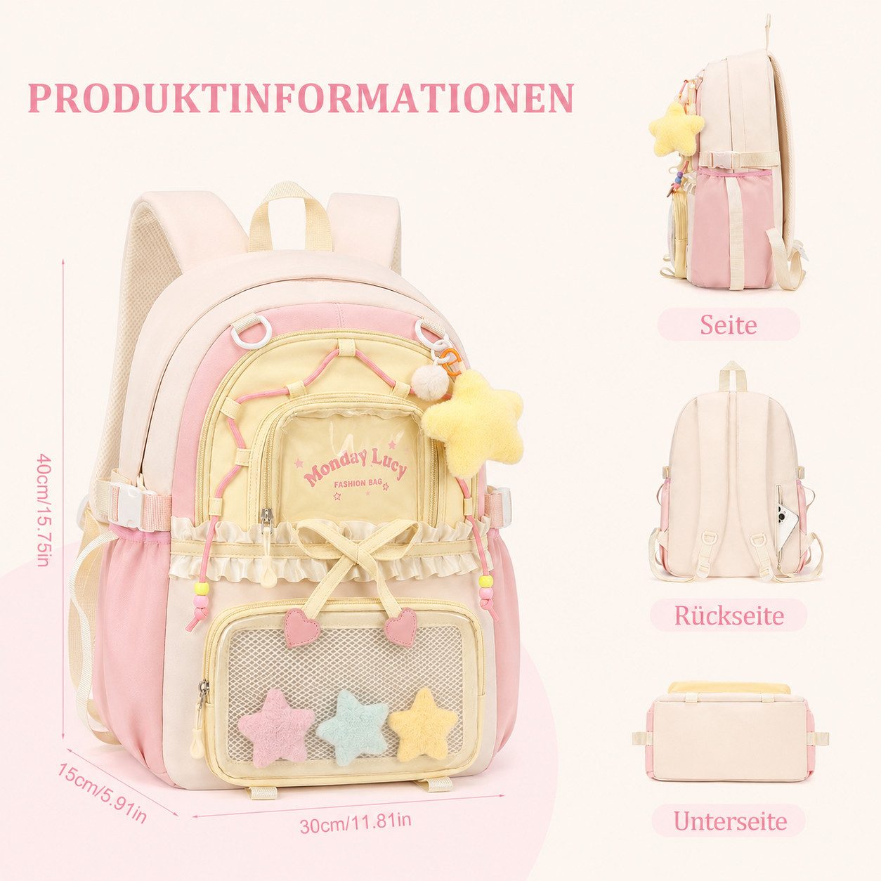 nsihing Kinderrucksack Kawaii Rucksack Mädchen mit Transparentem Fach & Stern Anhänger, Ästhetischer Rucksack für Mädchen, Schule, Alltag & Freizeit