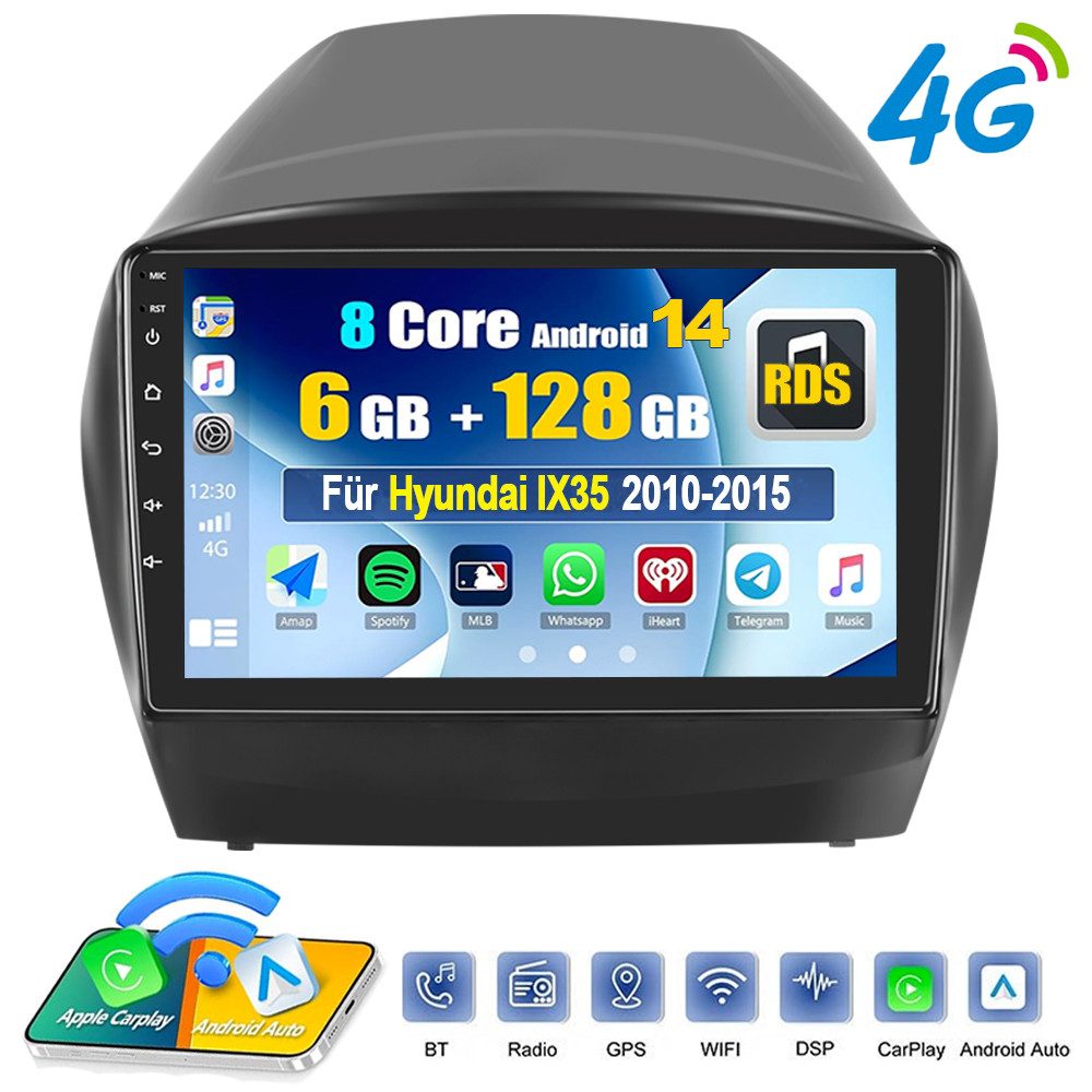 ESSGOO DAB+ Carplay Für Hyundai ix35 Tucson Android 14 Autoradio GPS 6+128G Autoradio (Digitalradio (DAB), RDS, 6GB+128GB, AM, FM, Carplay Android Auto Bluetooth EQ USB GPS Navi WIFI Touchscreen)