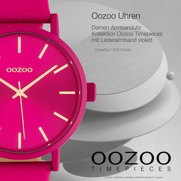 OOZOO Quarzuhr Oozoo Damen Armbanduhr fuchsia, (Analoguhr), Damenuhr rund, groß (ca. 42mm), Lederarmband violett, fuchsia, Fashion