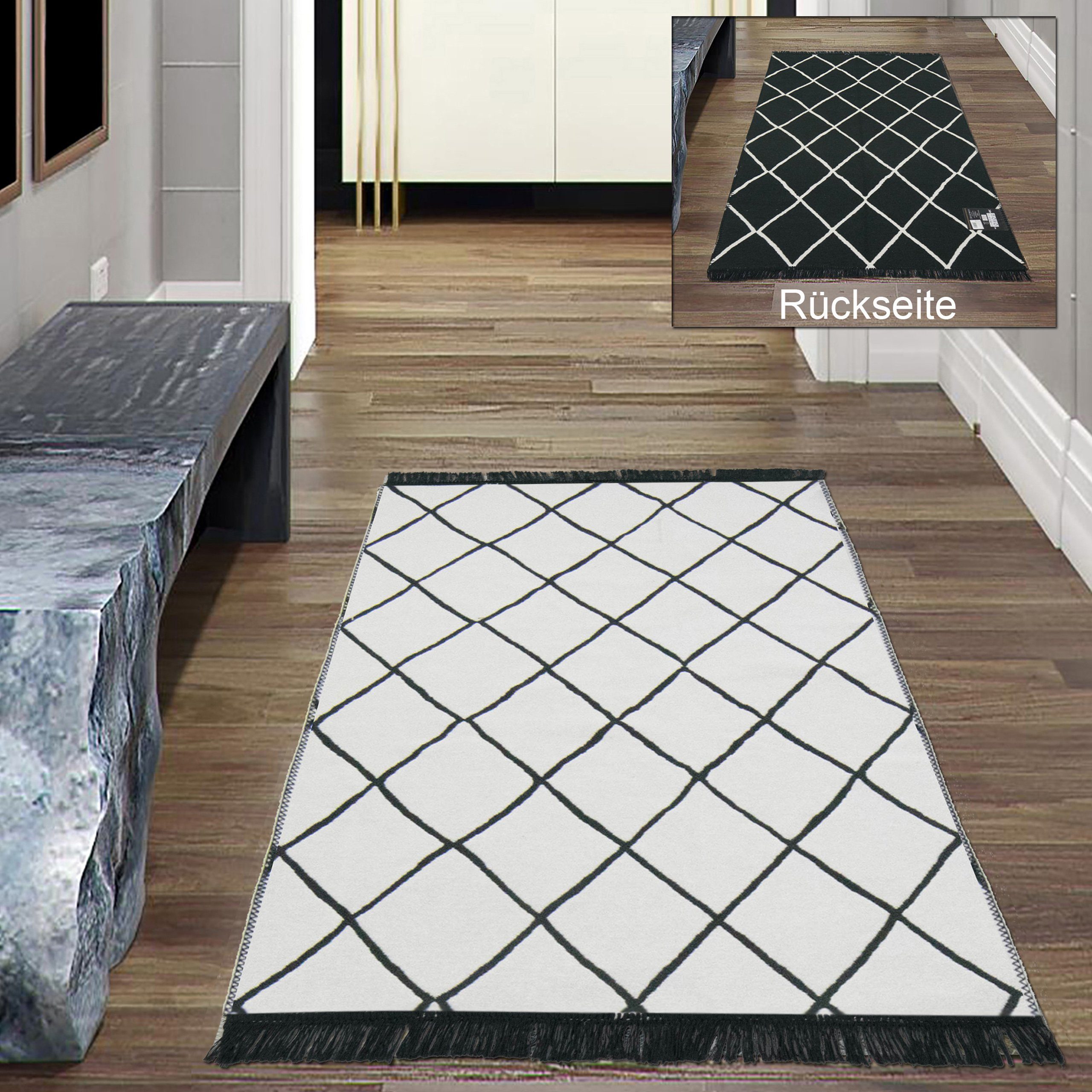 Outdoorteppich Wendeteppich für drinnen & draußen 2 Rauten Farbdesigns  schwarz weiß creme, Teppich-Traum, rechteckig
