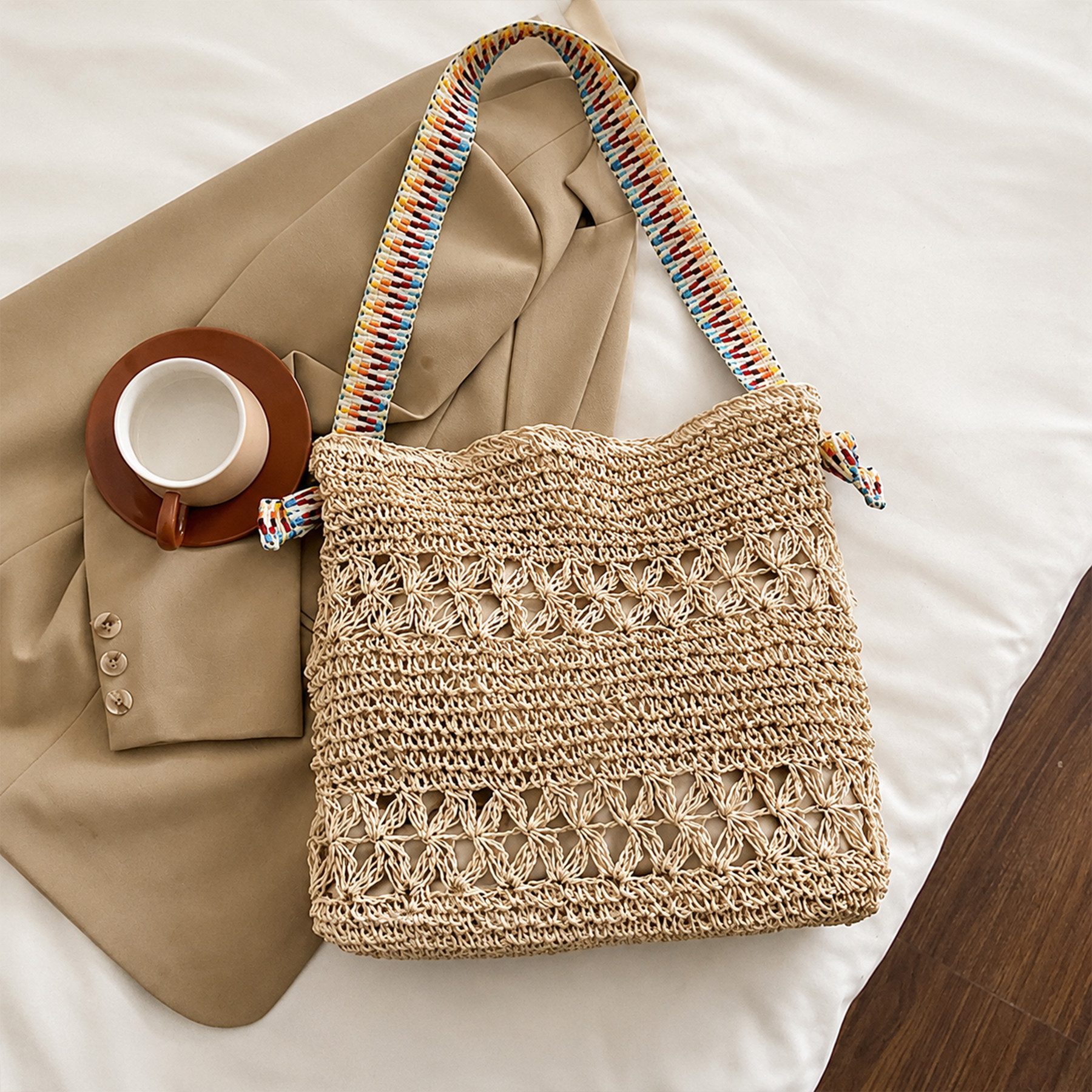 Mutig Strandtasche Sommer Strandtasche Damen Boho Häkeltasche Strand Mesh Tragetasche (Strohtasche Beach Handtasche Leicht Umhängetasche Vintage Sommertasche, R – Bild 5 von 5
