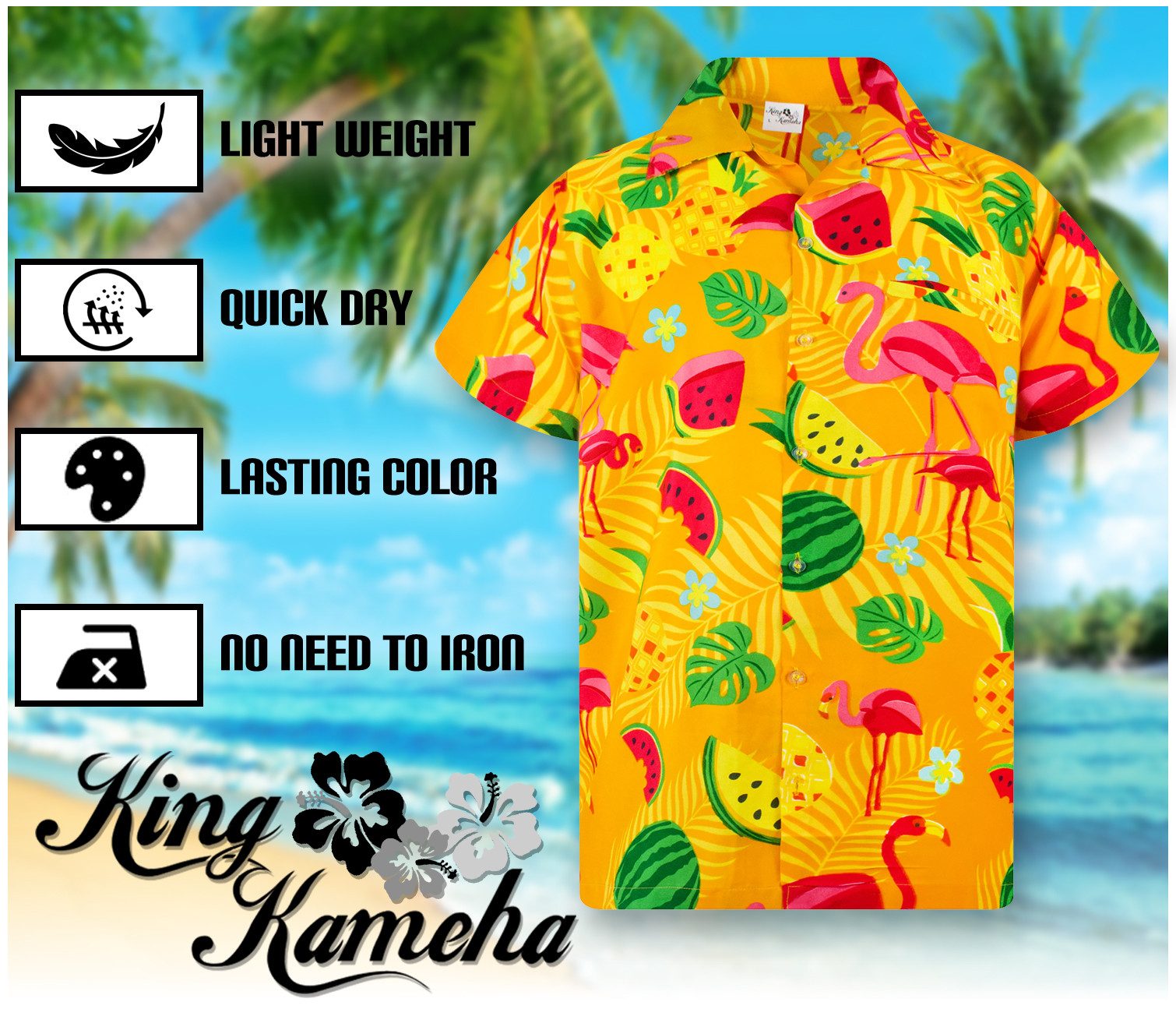 King Kameha Hawaiihemd Flamingo Melone Funky Hawaii-Hemd Kurzarm Front-Tasche Stylish Unisex