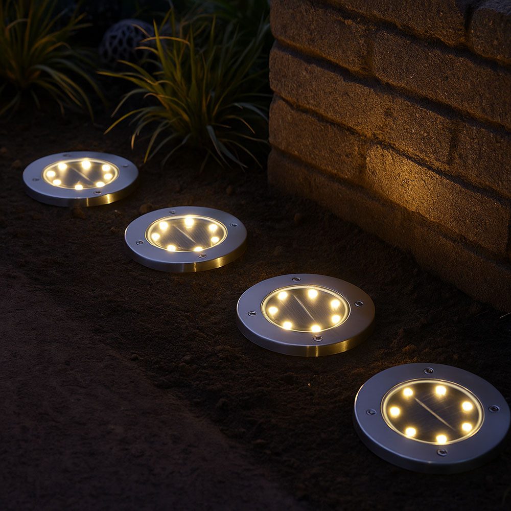 GLOBO LIGHTING LED Gartenleuchte, LED-Leuchtmittel fest verbaut, Kaltweiß, 4x Solar Außen Spot Strahler Lampe Edelstahl Wasserfest
