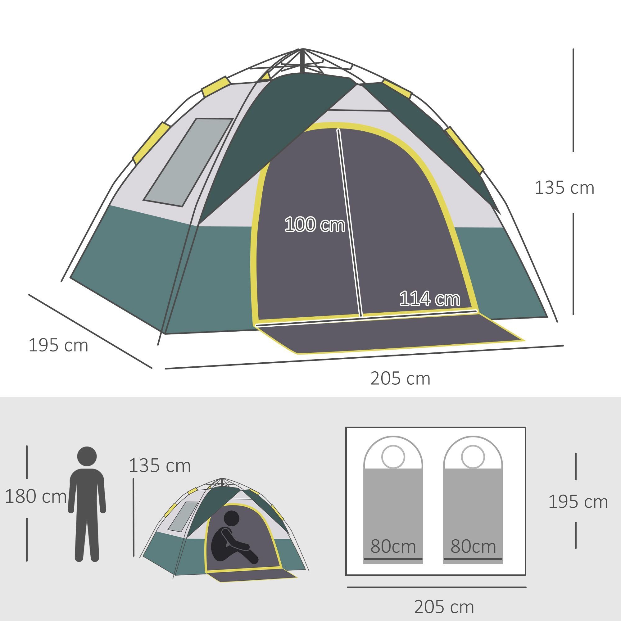 Outsunny Kuppelzelt Pop-up Zelt mit Fenster, Packtasche, Haken, 1000mm Wassersäule, Personen: 3 (Großraumzelt, 1 tlg., Campingzelt), für Garten, Balkon, Olive Grün