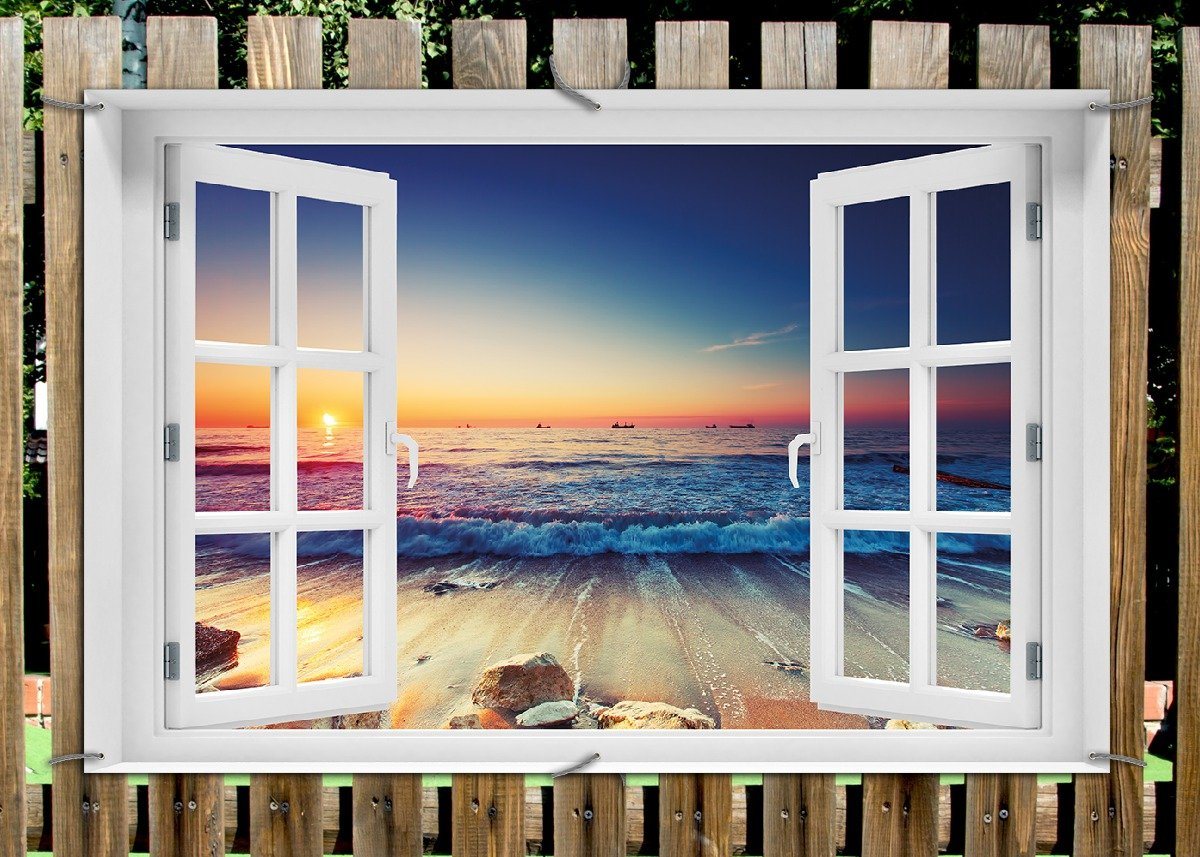 Thumbnail - Wallario Sichtschutzzaunmatten Sonnenuntergang am Meer mit Wellen am Strand, mit Fenster-Illusion