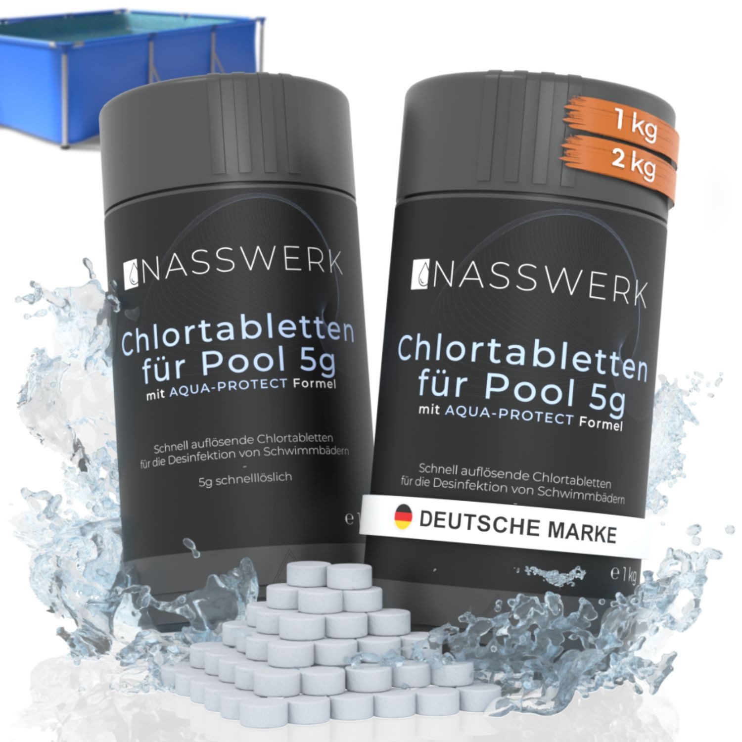 Nasswerk® Chlortabletten Chlortabs - 5g schnelllöslich, 5g Mini Chlortabletten 2kg – schnell löslich für Pool & Whirlpool