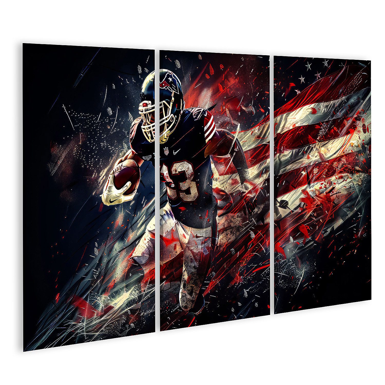 islandburner Leinwandbild, Dynamischer Footballspieler mit amerikanischer Flagge