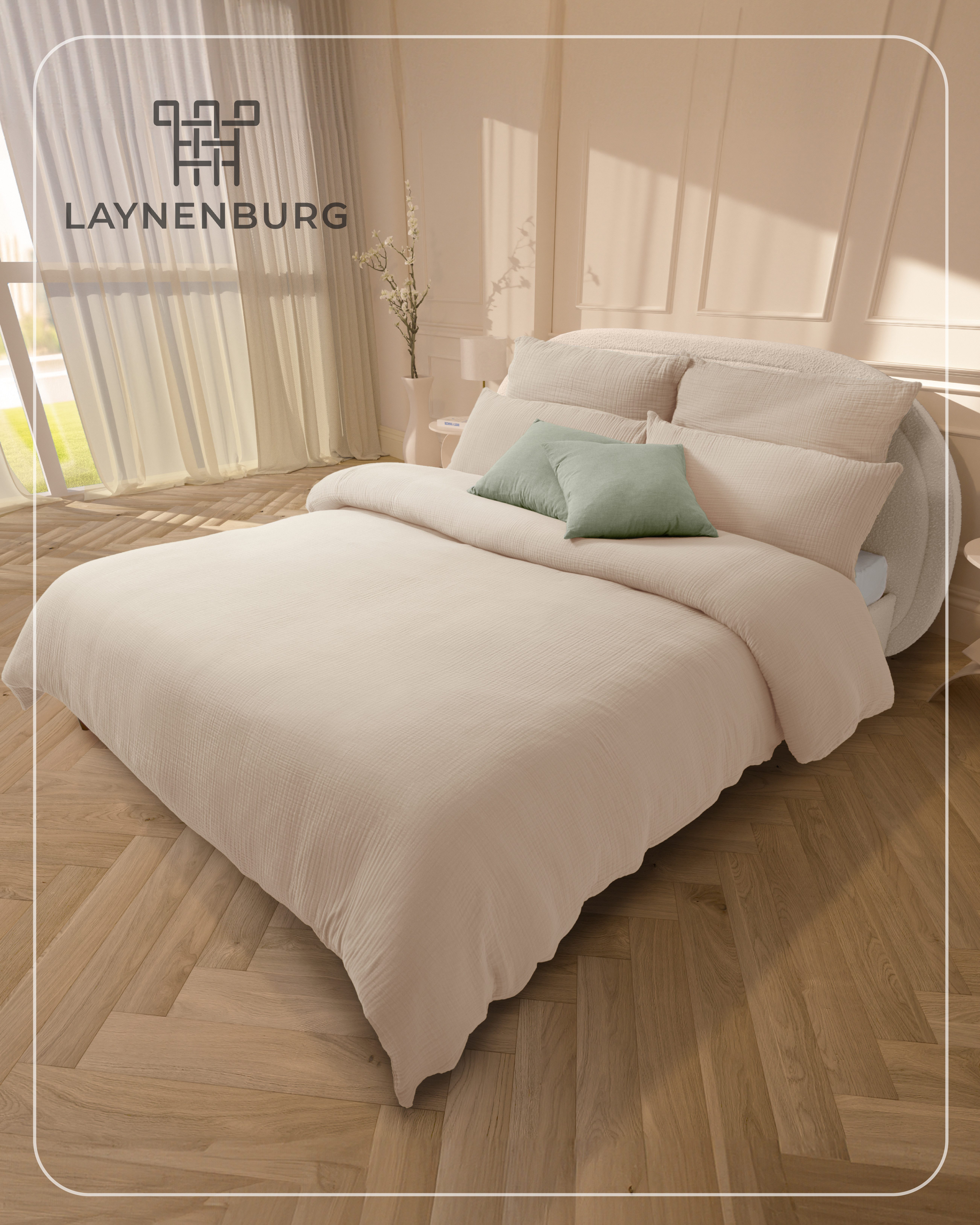 Laynenburg Bettwäsche Musselin aus 100% Baumwolle in 135x200 oder 155x220 cm, atmungsaktiv & bügelfrei – 3 lagig mit Reißverschluss & Haltebändern