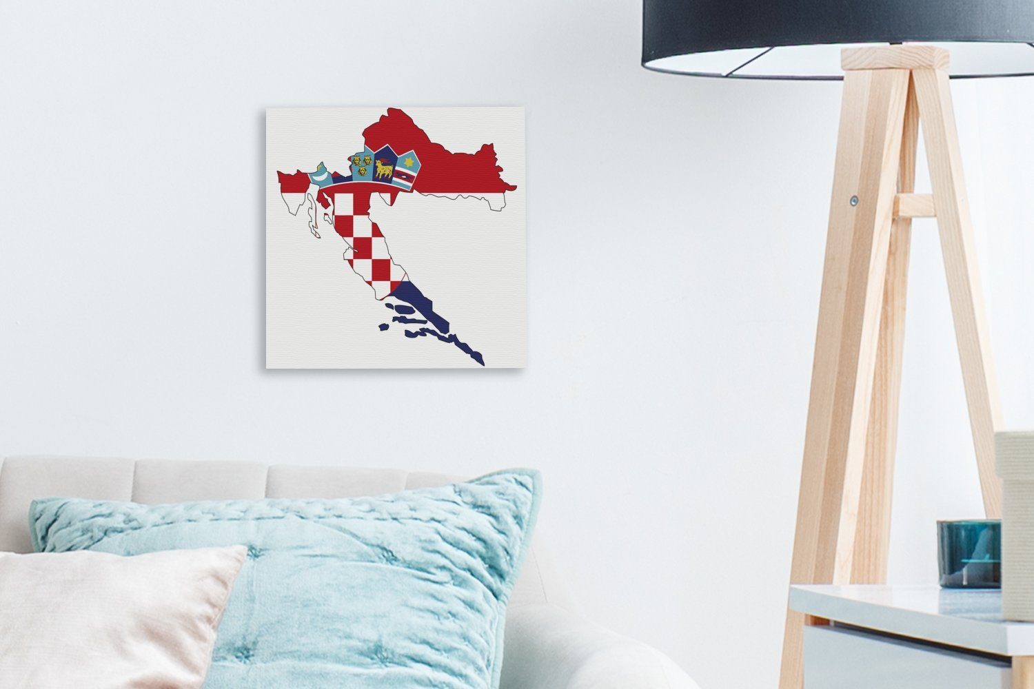 OneMillionCanvasses® Leinwandbild Die Flagge von Kroatien auf der Karte, (1 St), Wandbild, Deko Schlafzimmer Wohnzimmer Flur 20x20 cm
