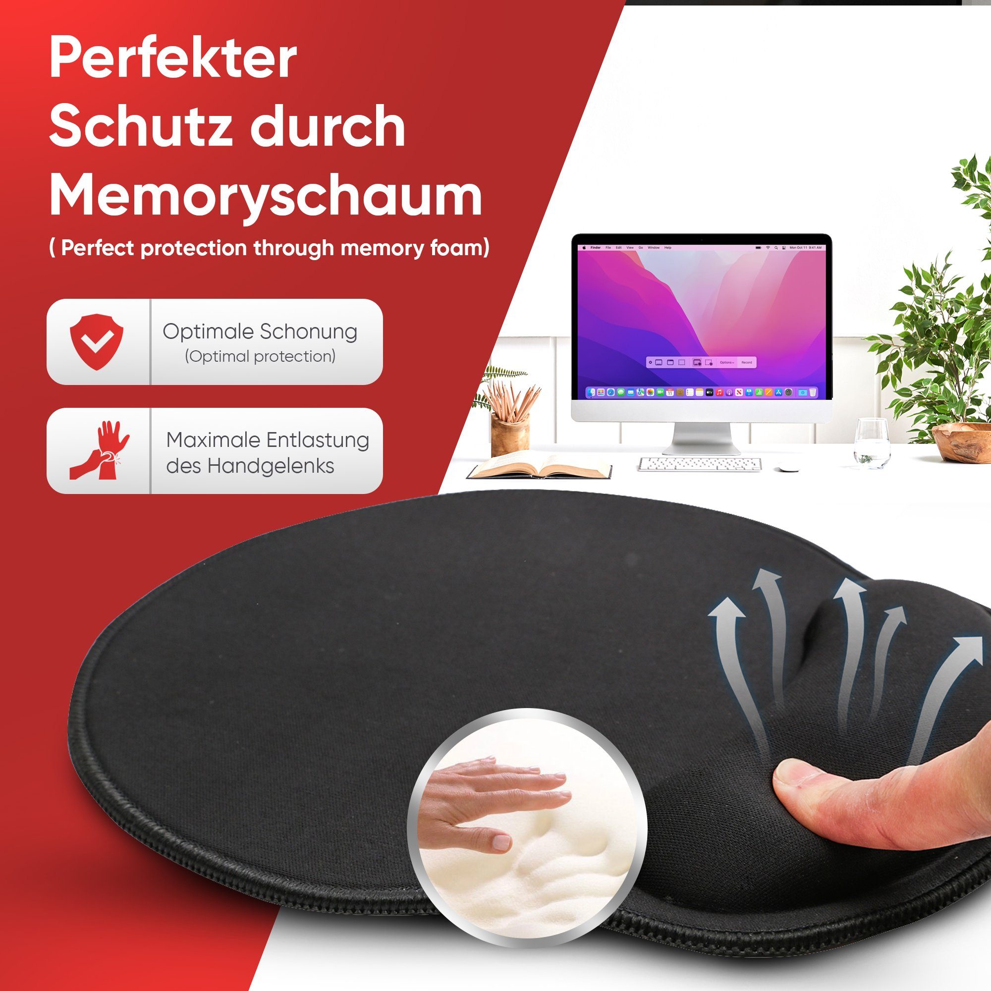 wortek Mauspad Ergonomisches Mousepad mit Handgelenkauflage, Office Mauspad mit Gelkissen und Handballenauflage