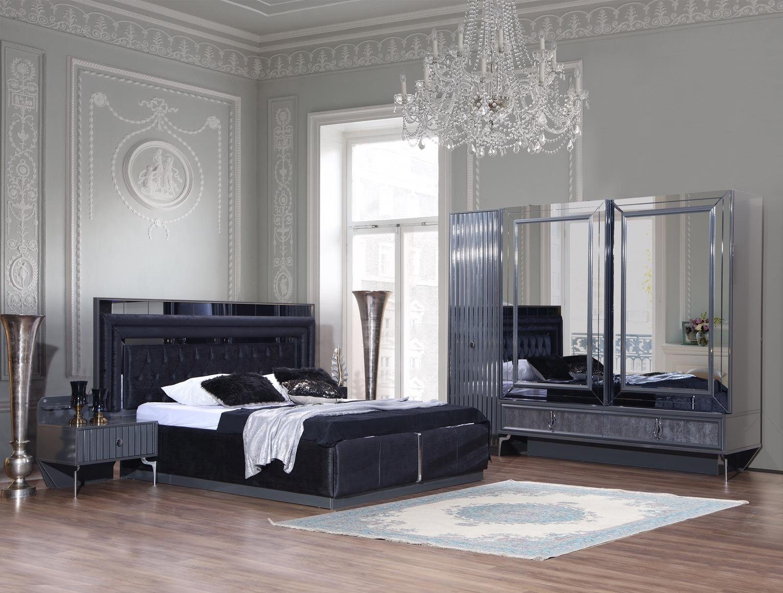 JVmoebel Schlafzimmer-Set Schwarzes Schlafzimmer Set Luxus Garnitur Bett 2x Nachttische Schrank, (4-St., Bett/2x Nachttische/Kleiderschrank), Made in Europa