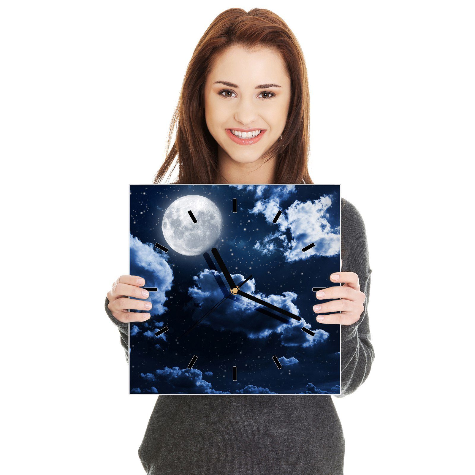 Wandkunst 30 Motiv x cm 30 Nachthimmel und Mond mit Wanduhr Glasuhr Primedeco Wanduhr Größe