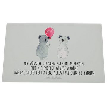 Mr. & Mrs. Panda Servierbrett Koala Luftballon - Grau Pastell - Geschenk, Geburtstag, Glasschneideb, Premium Glas, (1-St), Handgefertigte Gravuren