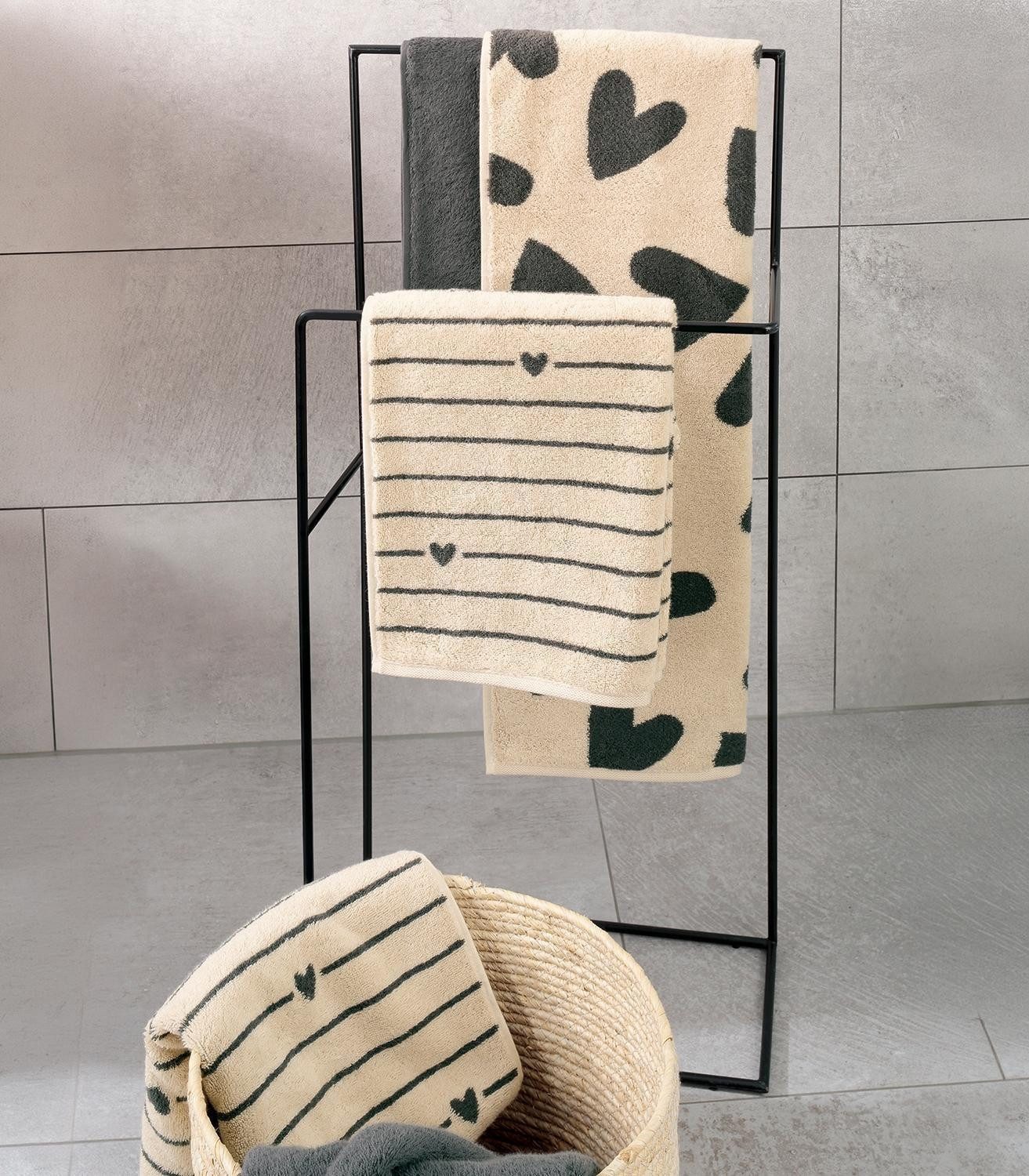 Cawö Handtuch HEART BEATS, 50 x 100 cm, Beige, Anthrazit, Baumwolle (1-St), Made in Germany