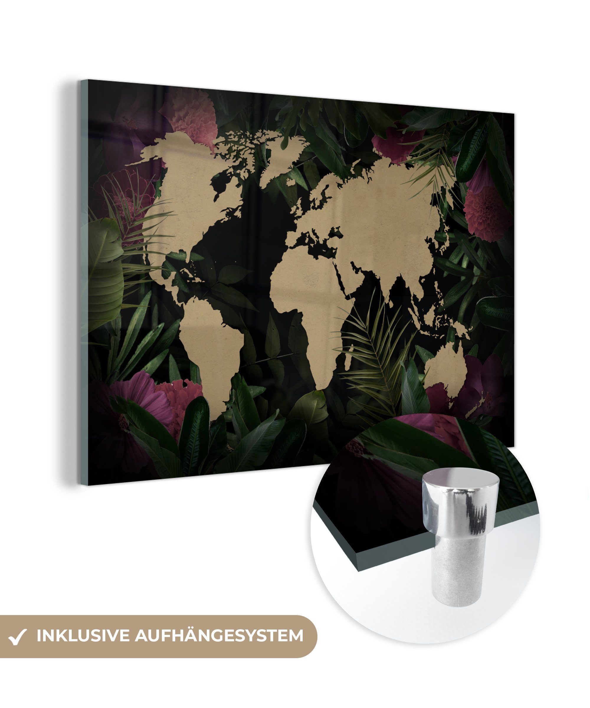 MuchoWow Acrylglasbild Weltkarte - Blumen - Blätter, (1 St), Glasbilder - Bilder auf Glas Wandbild - Foto auf Glas - Wanddekoration