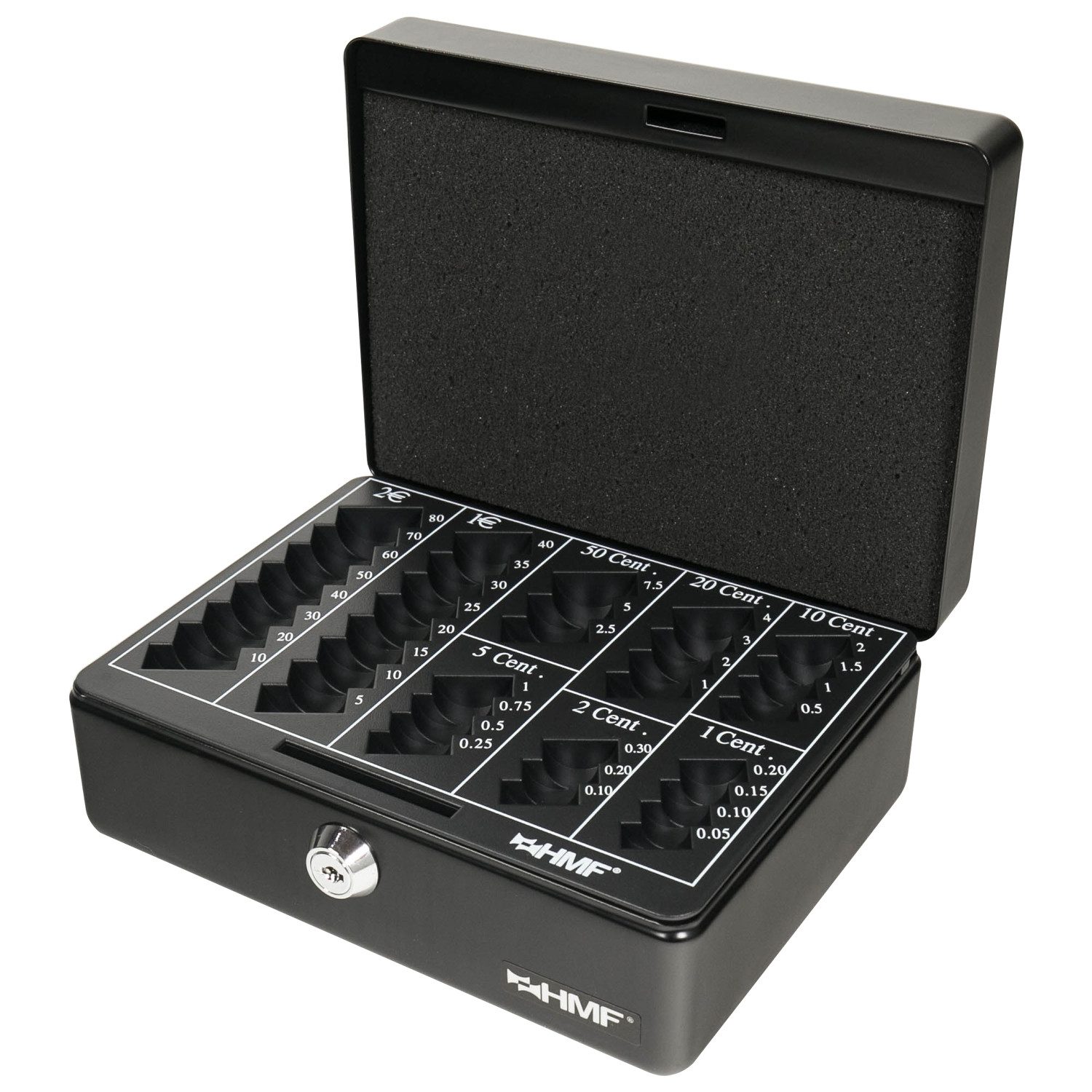 HMF Geldkassette Abschließbare Bargeldkasse mit Euro-Münzbrett, Geldbox mit Schlüssel, 20 x 16 x 9 cm, schwarz