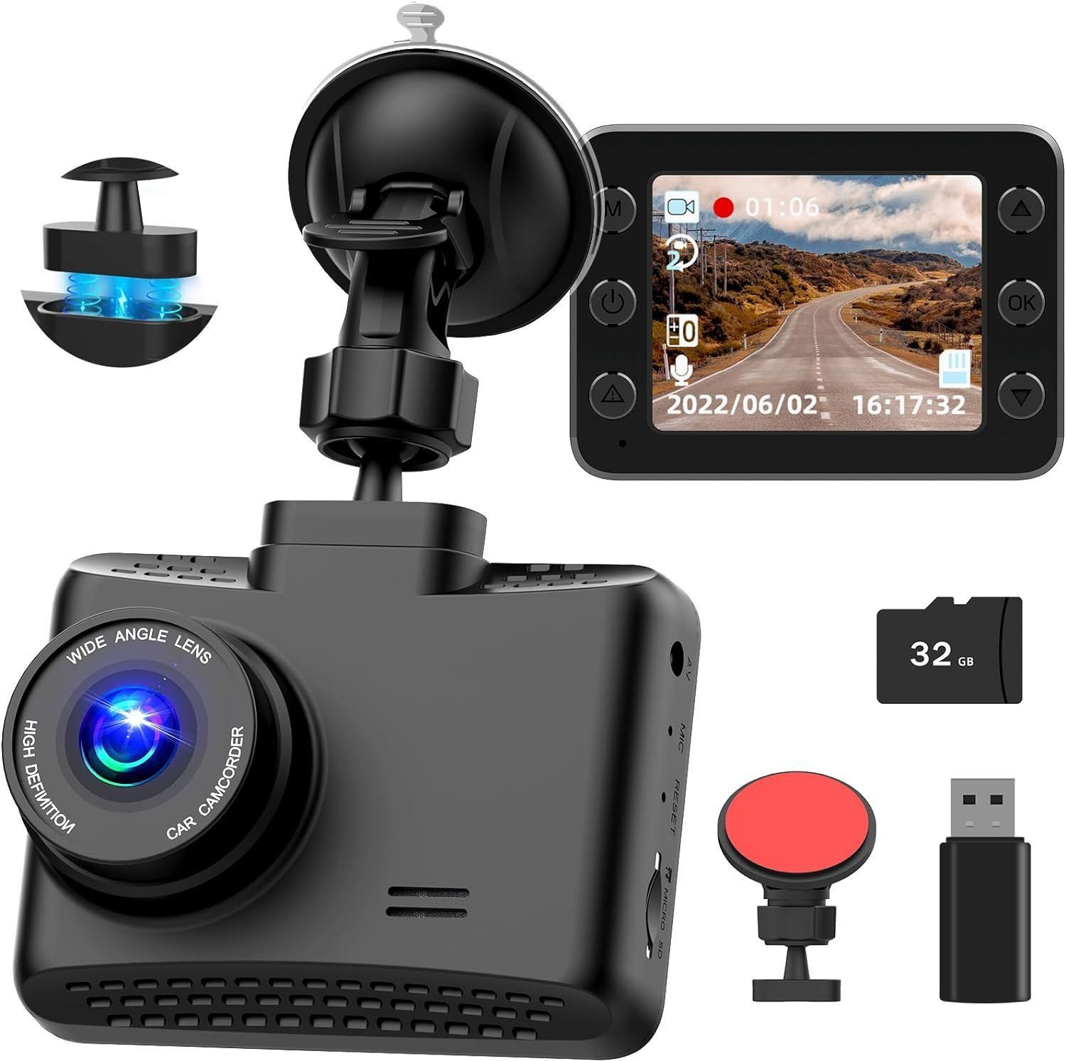 Vivitar FHD 1080P DASHCAM, 2,5-Zoll-IPS-Bildschirm mit 32 GB SD-Karte Dashcam (powerline, Auto Dash Kamera Recorder mit Saugnapf & Klebehalterung, WDR, Loop-Aufnahme, Parkmonitor, G-Sensor, Bewegungserkennung)