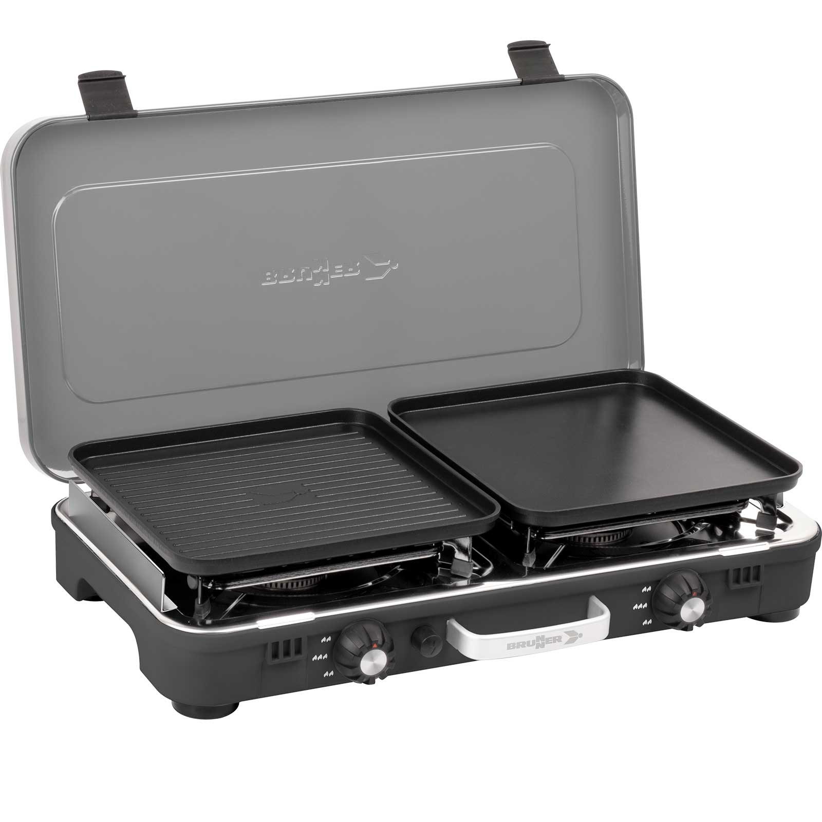 BRUNNER Gaskocher BRUNNER Powerkook GP Gaskocher Campingkocher 2-flammig 2 Grillplatten, (50mbar - Mit Gasregler + Gasschlauch)