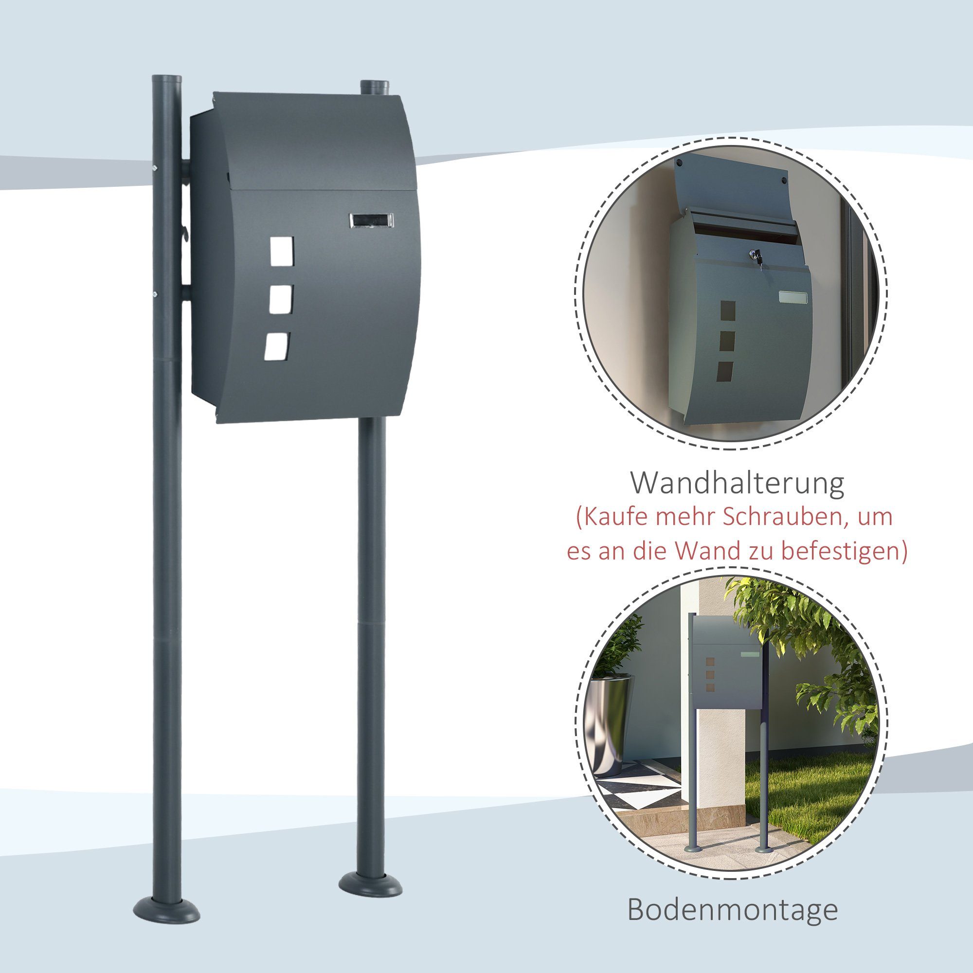 HOMCOM Briefkasten Abschließbar, Postfach, Schließfach (Mailbox, 1-St., Posteingang), mit 3 Sichtfenster