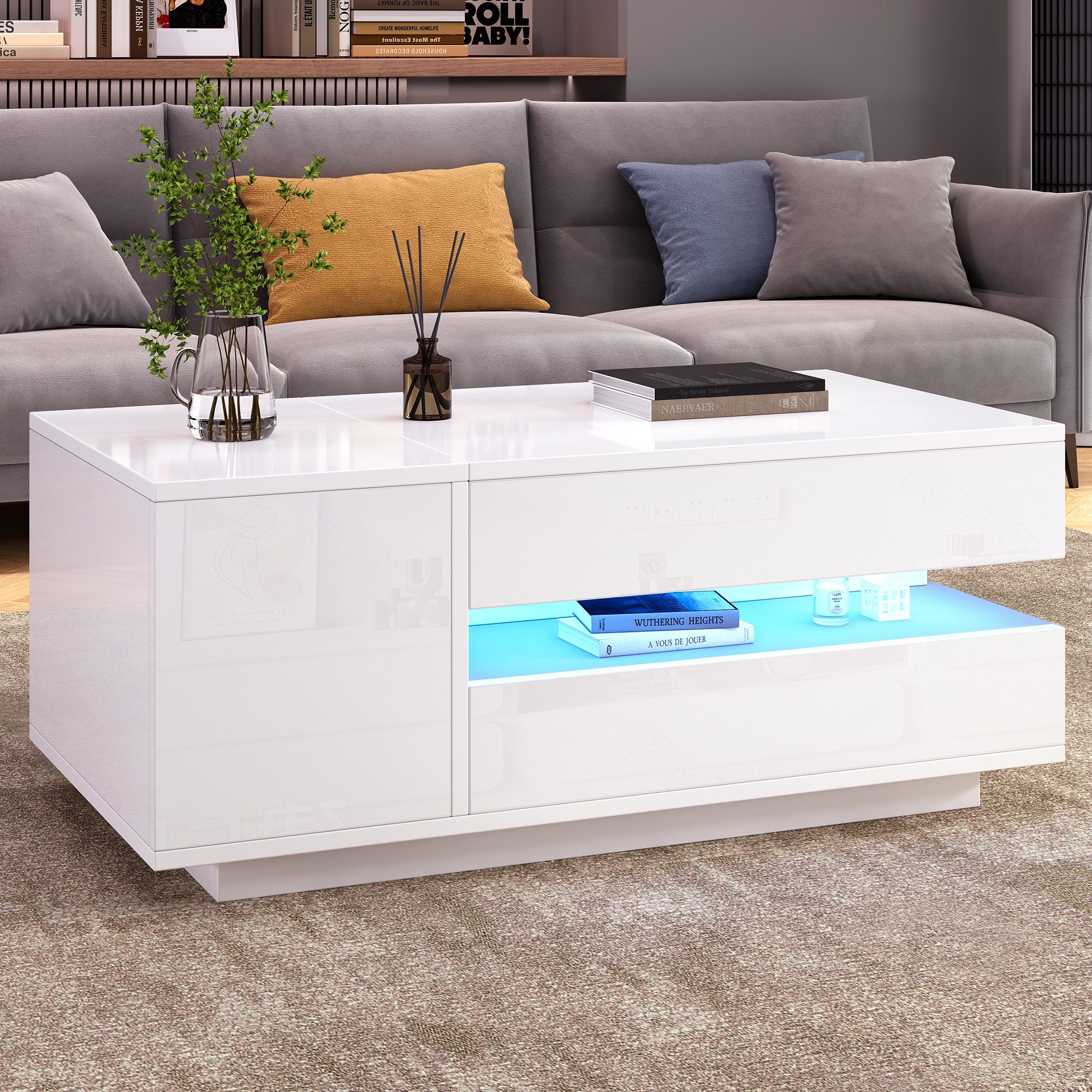 Merax Couchtisch anhebbarer Sofatisch hochglanz Beistelltisch mit LED-Beleuchtung (hydraulische Hebefunktion, modern & funktional, 1-St., Höhenverstellbare Tisc – Bild 3 von 5