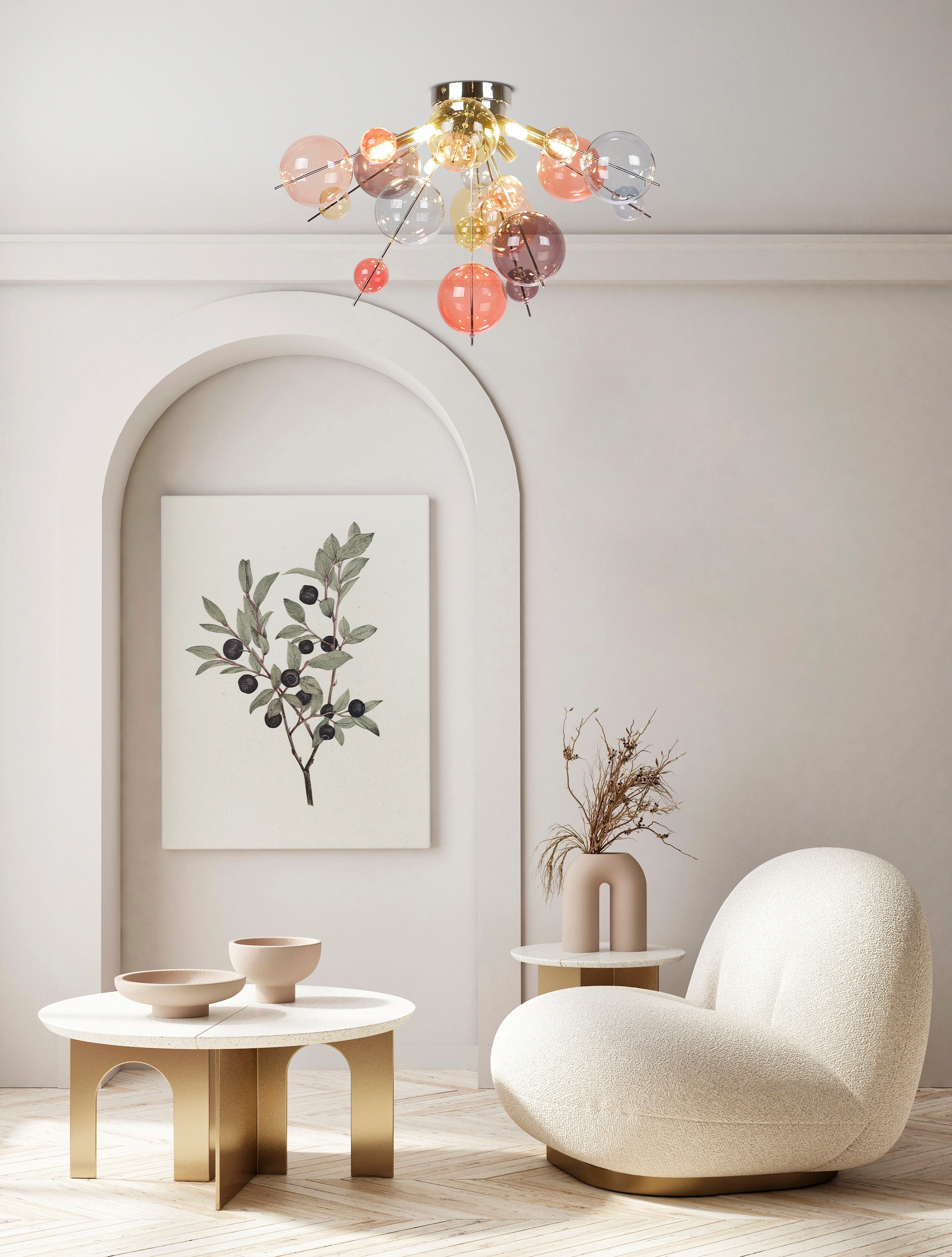 näve Deckenleuchten Explosion, ohne Leuchtmittel, kleine und große pastellfarbene Glaskugeln, 6x G9 exkl., D: 57cm