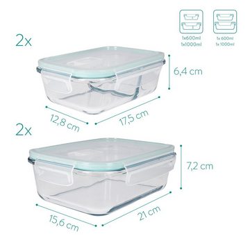 Navaris Frischhaltedose, Borosilikatglas, (4-tlg), Set mit Deckel - 4x Glas Vorratsdosen in 2 Größen - auslaufsicher hitzebeständig kältebeständig - Glasbehälter Boxen
