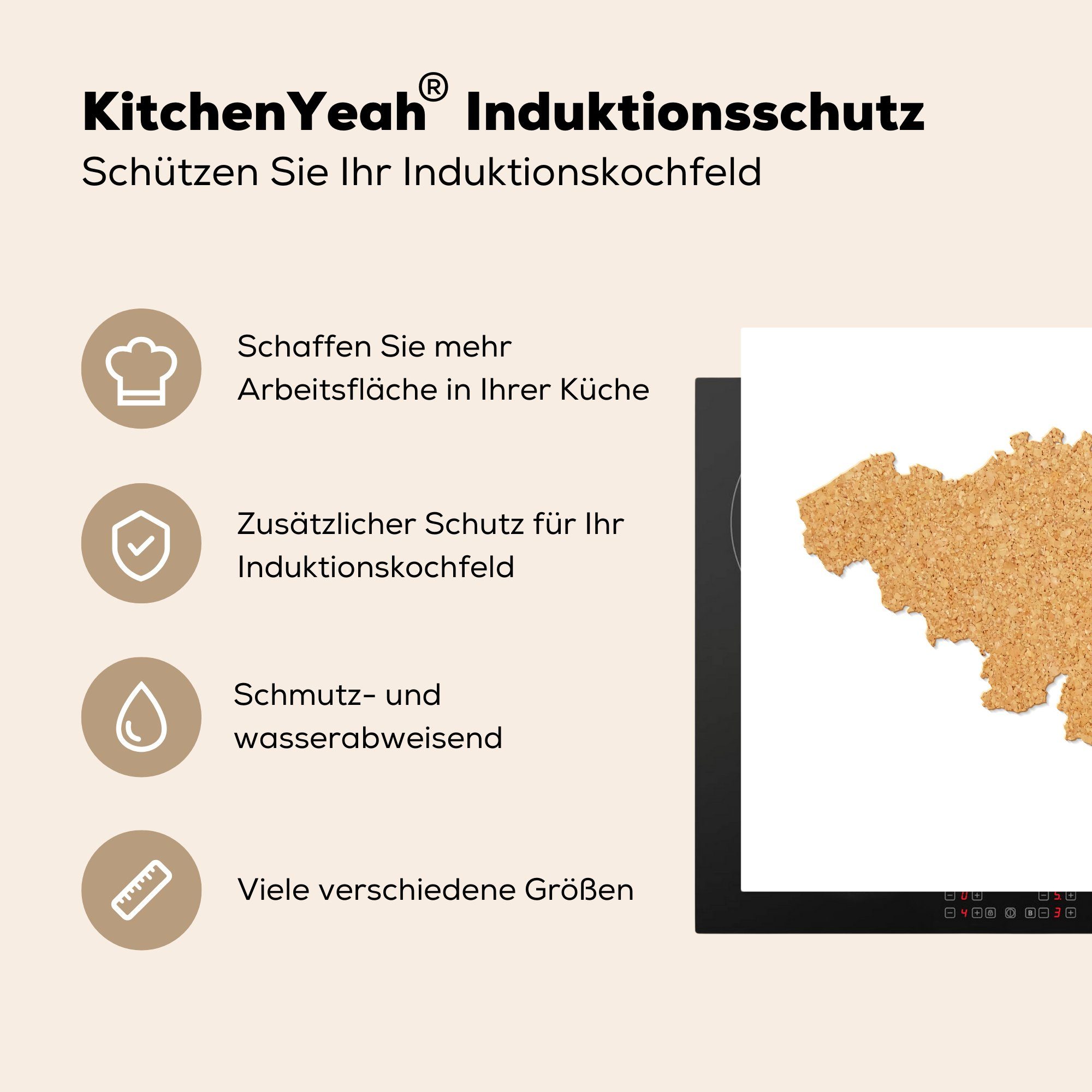 Ceranfeldabdeckung, tlg), von Eine küche Belgien Illustration cm, 78x78 Kork, Arbeitsplatte Vinyl, (1 aus Herdblende-/Abdeckplatte MuchoWow für