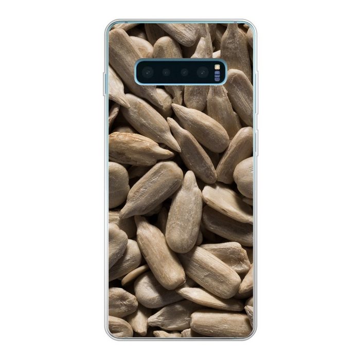 MuchoWow Handyhülle Nahaufnahme der hellen Sonnenblumenkerne Phone Case Handyhülle Samsung Galaxy S10+ Silikon Schutzhülle