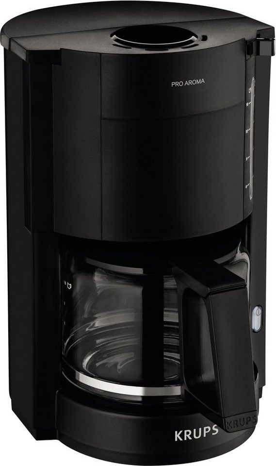Krups Filterkaffeemaschine F30908 Pro Aroma, mit Glaskanne, 1,25L  Füllmenge, 10-15 Tassen, 1050W, Schwarz, Schwenkfilter ist leicht  zugänglich und mit gemahlenem Kaffee befüllbar