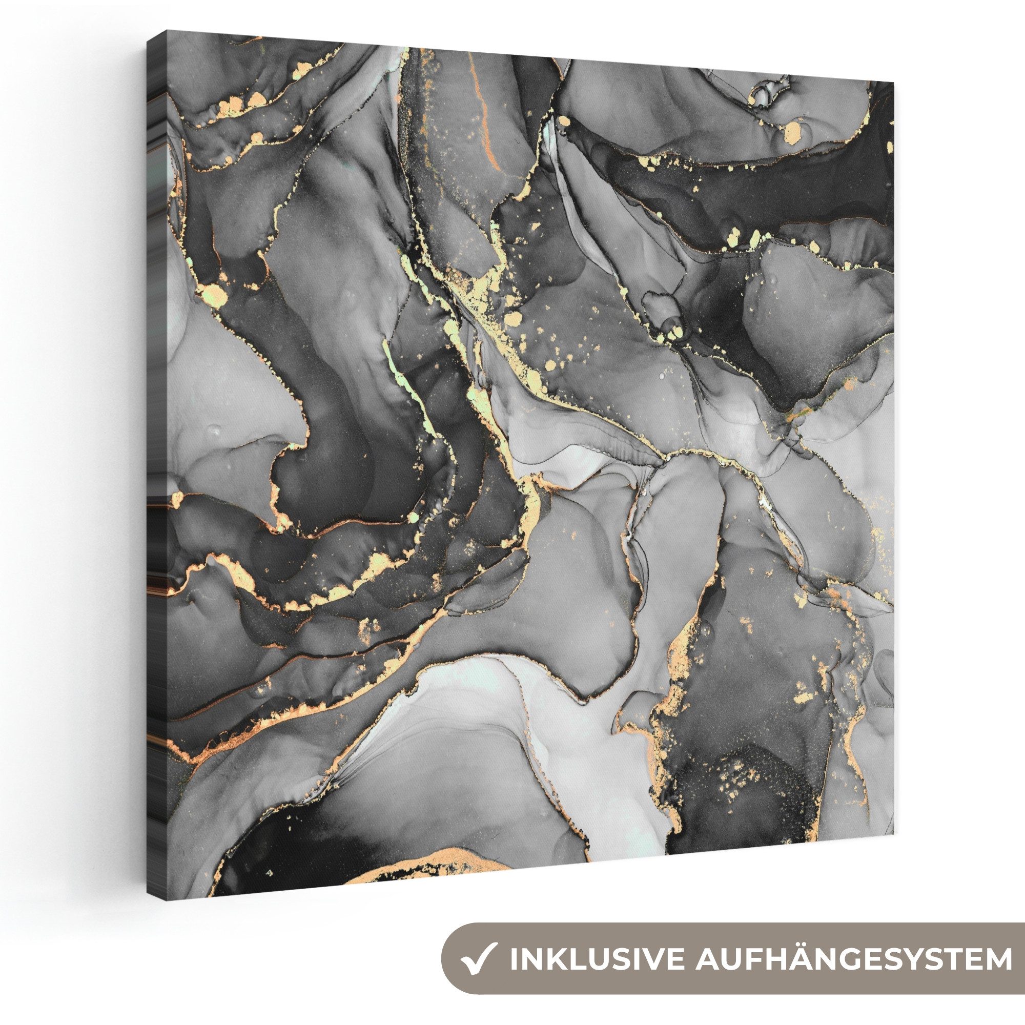 OneMillionCanvasses® Leinwandbild Marmor - Schwarz - Gold - Grau, Fotodruck (1 St), Wandbild, Deko Schlafzimmer Wohnzimmer Flur 20x20 cm