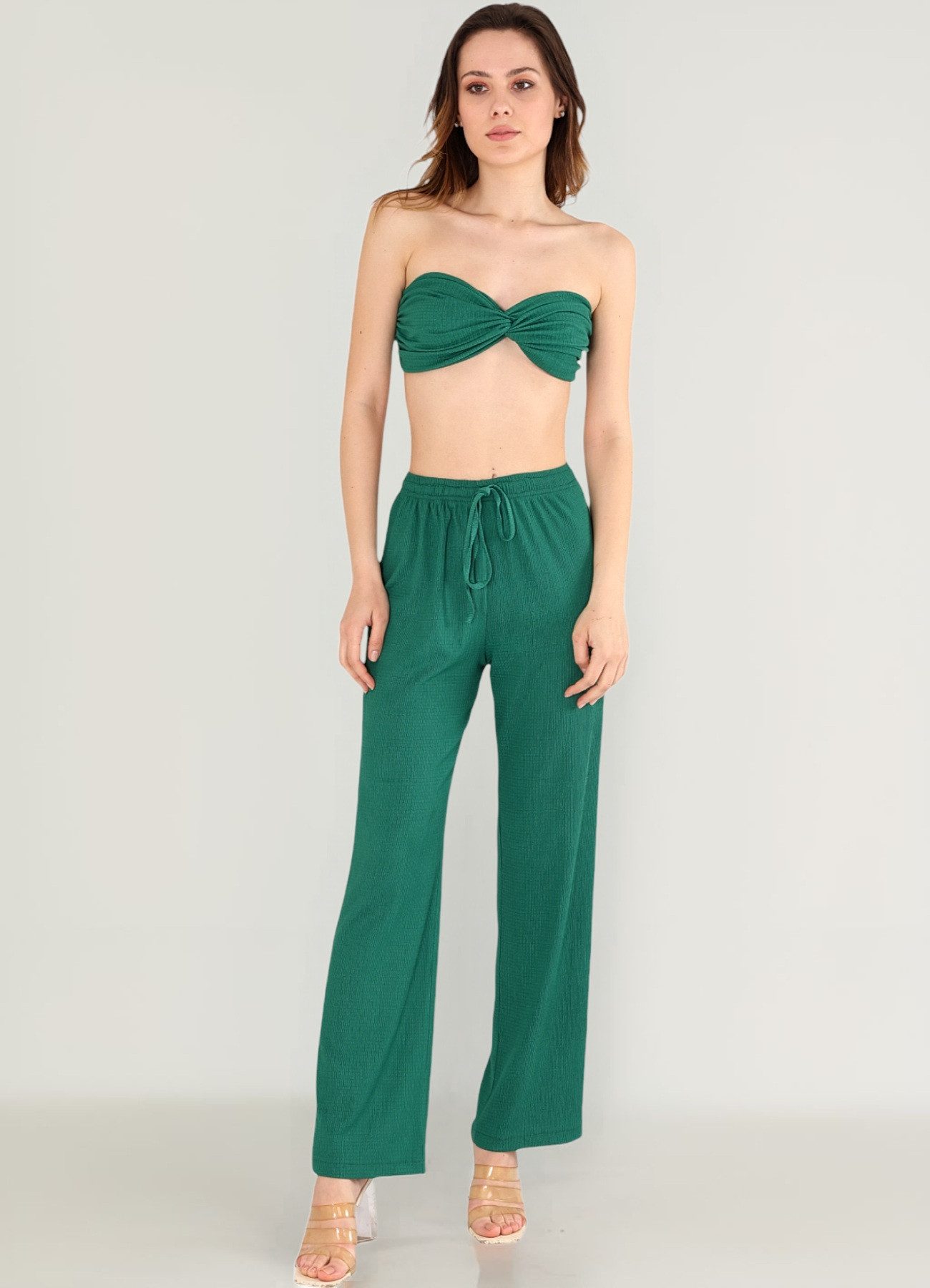 fashionshowcase Palazzohose Damen Crinkle-Hose mit elastischem Bund hoher Bund, elastischer Tunnelzug