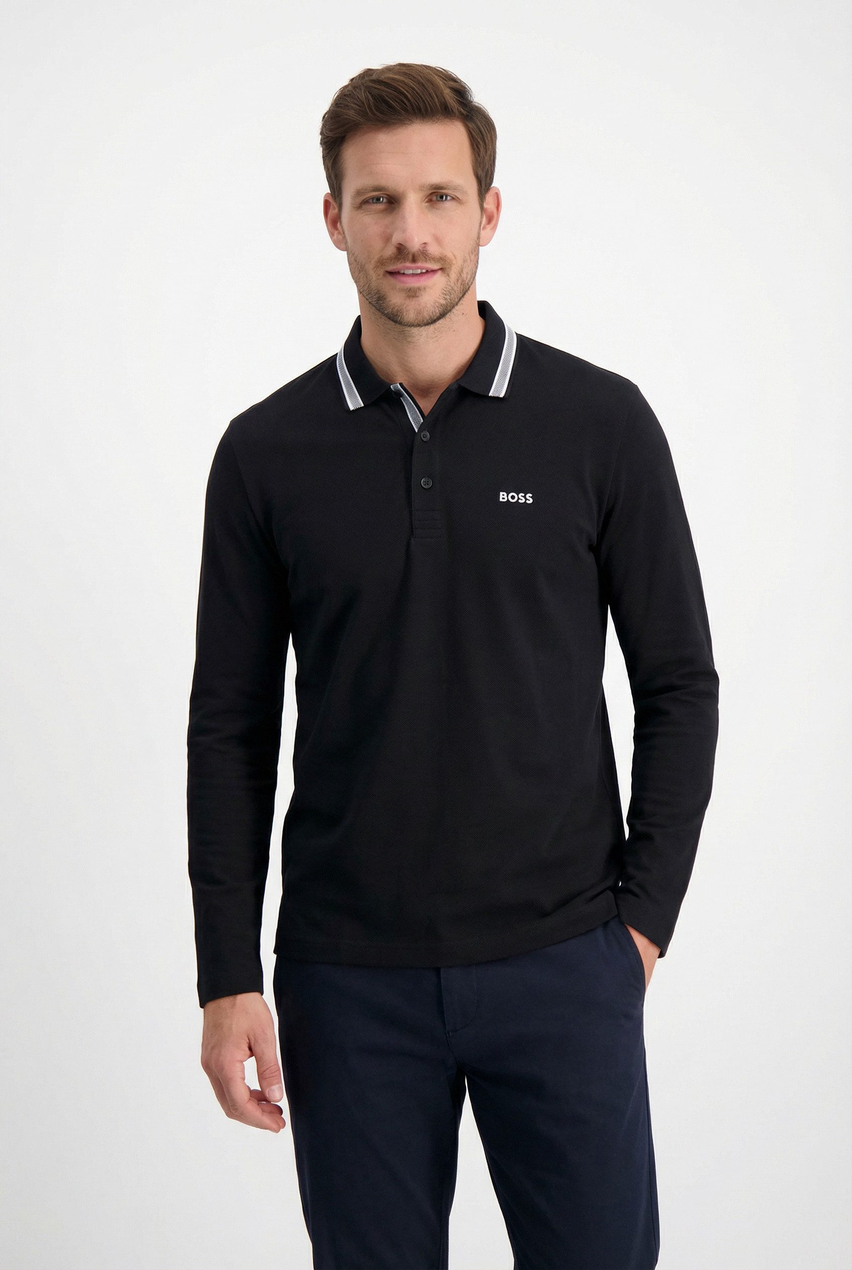BOSS GREEN Langarm-Poloshirt Plisy mit Streifen am Kragen günstig online kaufen
