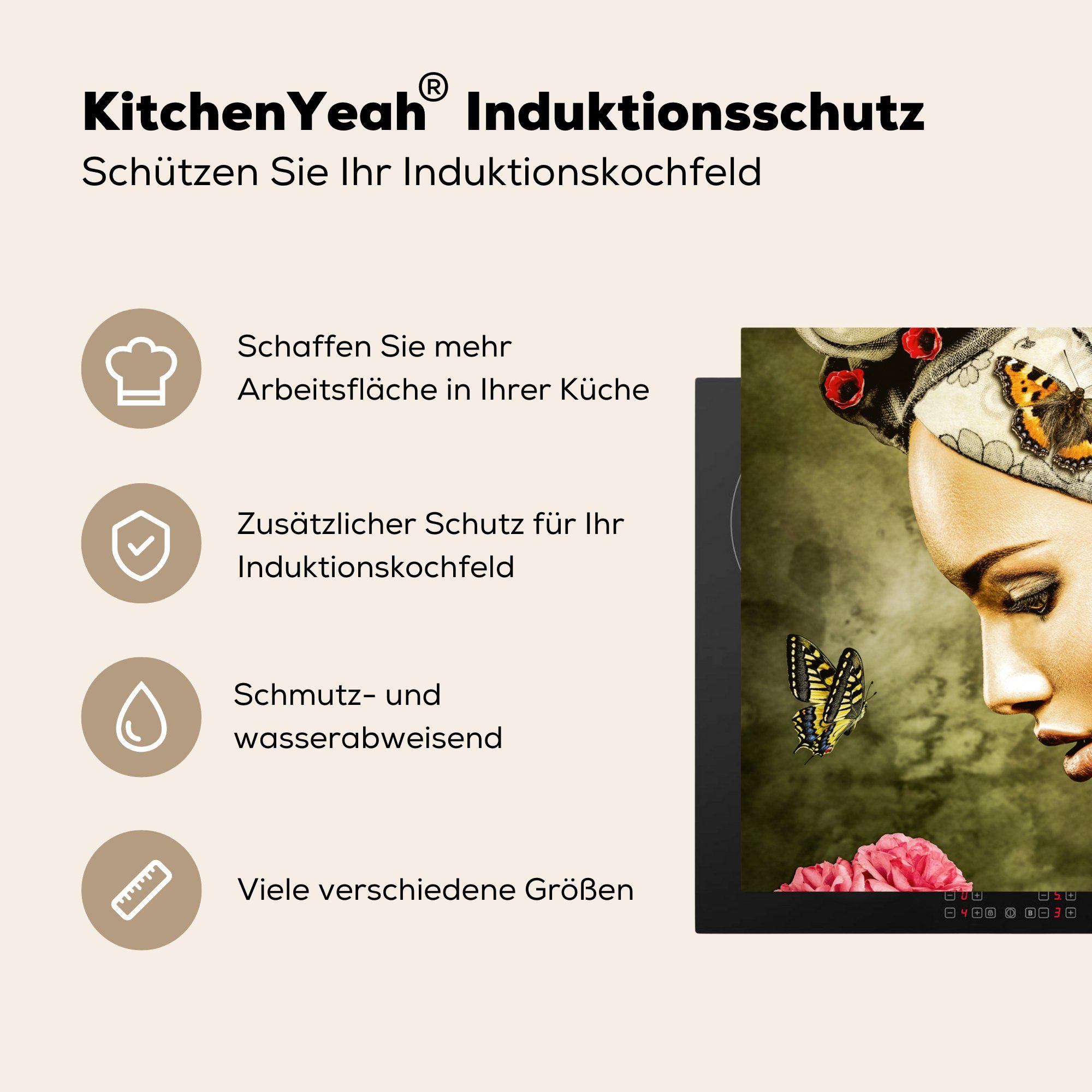 - 81x52 Frau - - - cm, Arbeitsplatte Vinyl, MuchoWow Blumen Rosen Kopftuch, für tlg), - (1 Herdblende-/Abdeckplatte Schmetterlinge Farben Ceranfeldabdeckung, küche