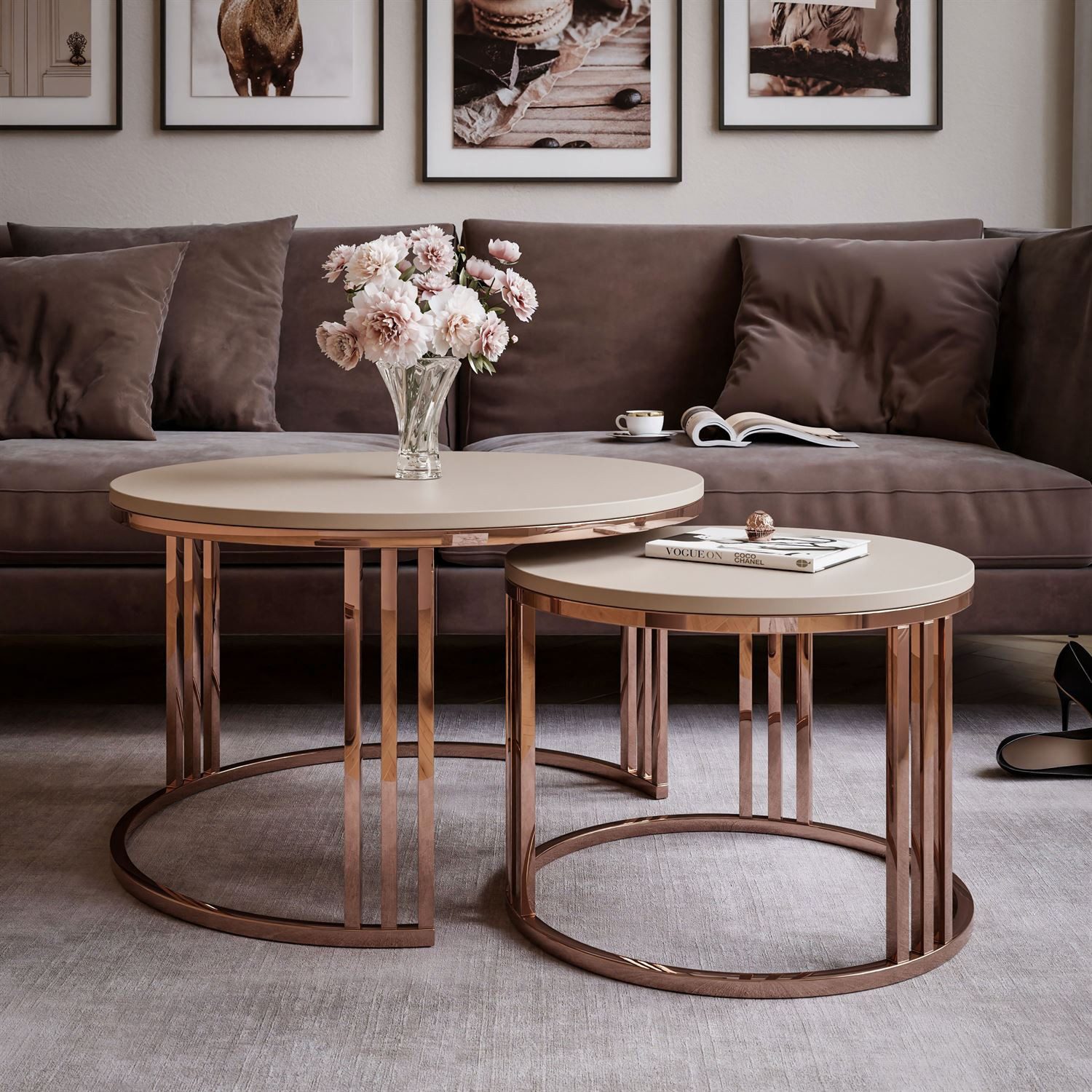 Lookway Couchtisch LORI 2in1 Couchtisch-Set in dem mattes Design mit Kupfergestell (2er Set), Durchmesser: ⌀70 cm und ⌀50 cm, Höhe: 49 cm und 44 cm – Bild 3 von 5