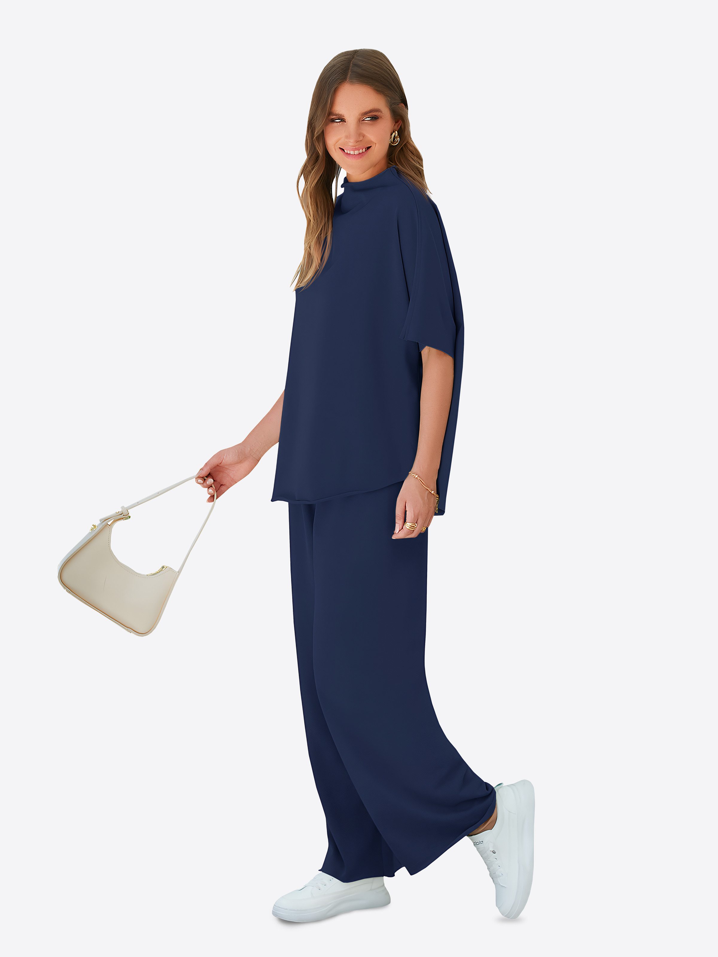 Imily Bela Hausanzug Damen Lounge-Set (Set, 2 tlg., Pullover-Oberteil mit 3/4-Fledermausärmeln + weite Hosen) Einfarbig – Bild 5 von 5
