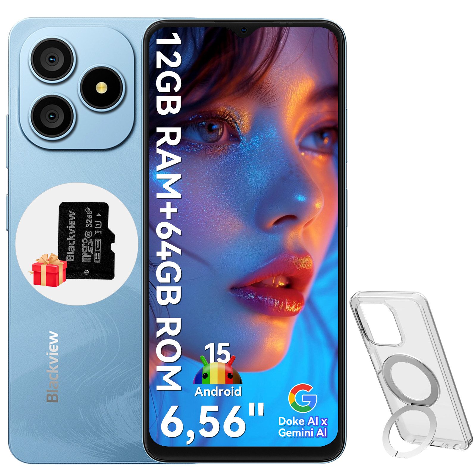 blackview WAVE 9C Android 15 AI Smartphone (6.56 Zoll, 64 GB Speicherplatz, 13 MP Kamera, 13MP, Android 15, fingerprint, OTG)