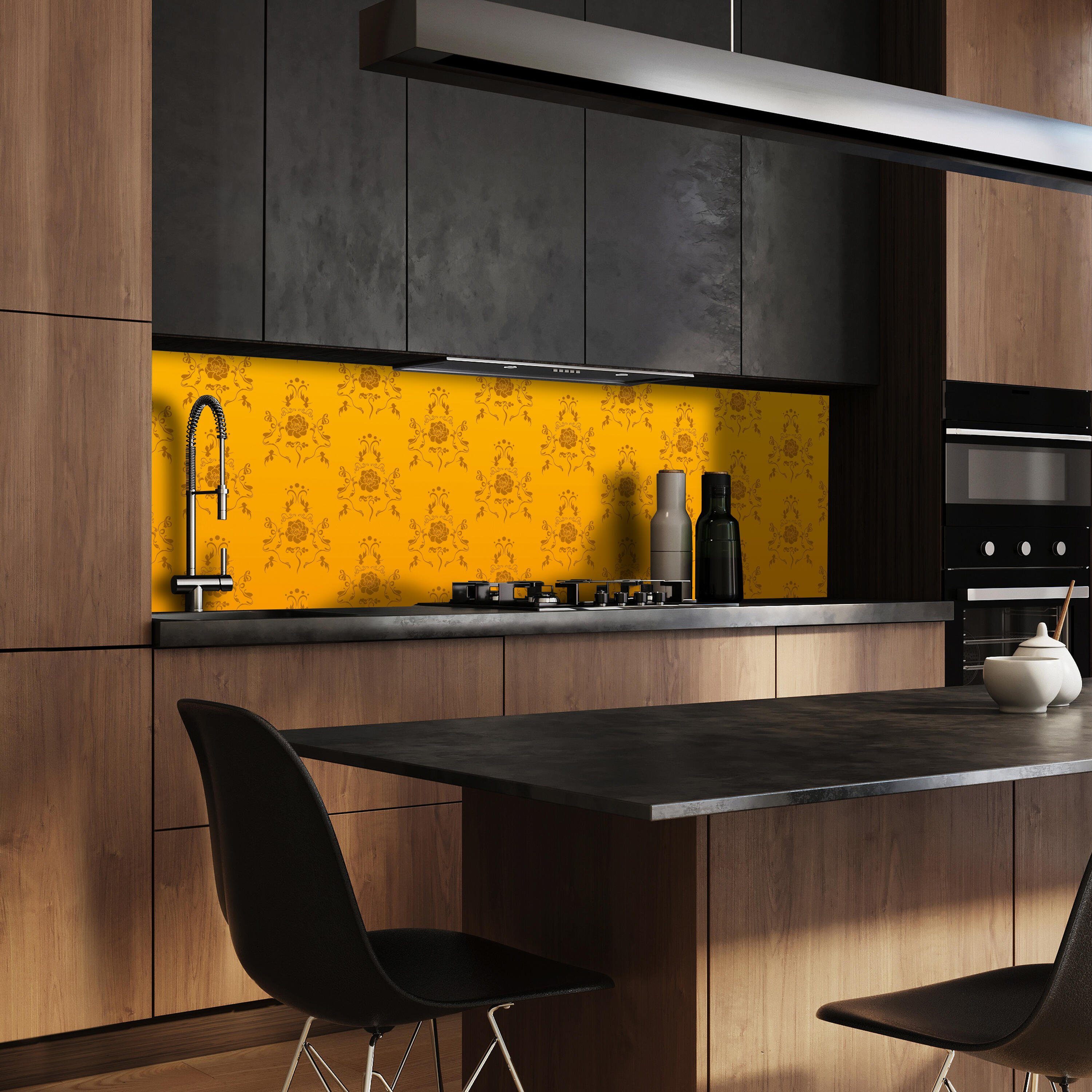 wandmotiv24 Küchenrückwand Barock Größen Muster, in Premium versch. Gelb (1-tlg), Nischenrückwand Hartschaum
