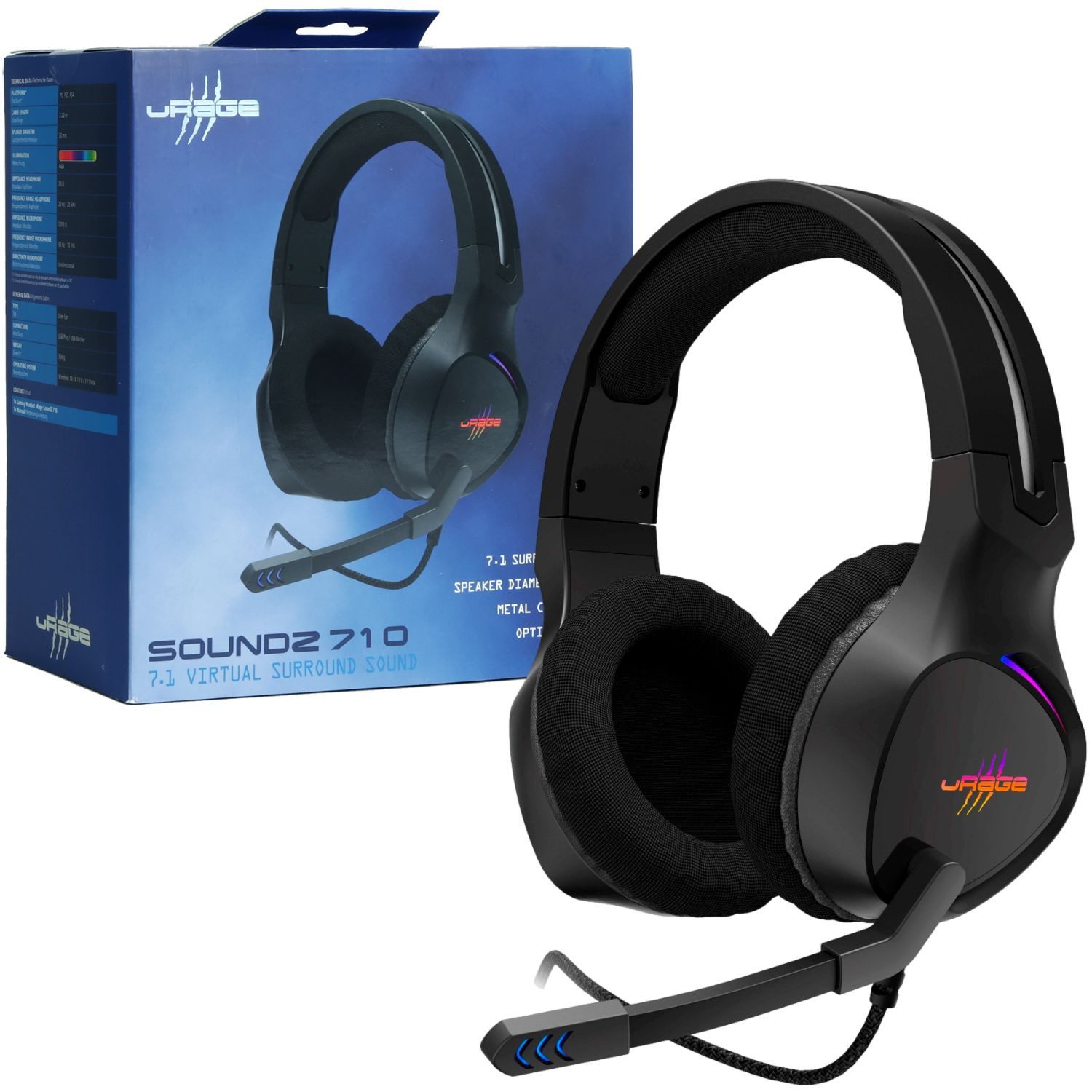 uRage Gaming USB 7.1 Headset Kopfhörer SoundZ 710 Headset (LED Beleuchtung, Lautstärkenreglung, Mute, Mikrofon, etc., kabelgebunden, Over-Ear mit Mikrofon + Fernbedienung für PC Notebook PS5 PS4)