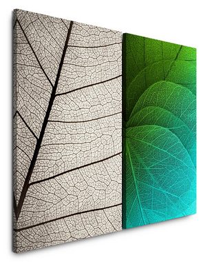 Sinus Art Leinwandbild 2 Bilder je 60x90cm Blätter Pflanze Grau Grün Leicht Blattstruktur Makrofotografie
