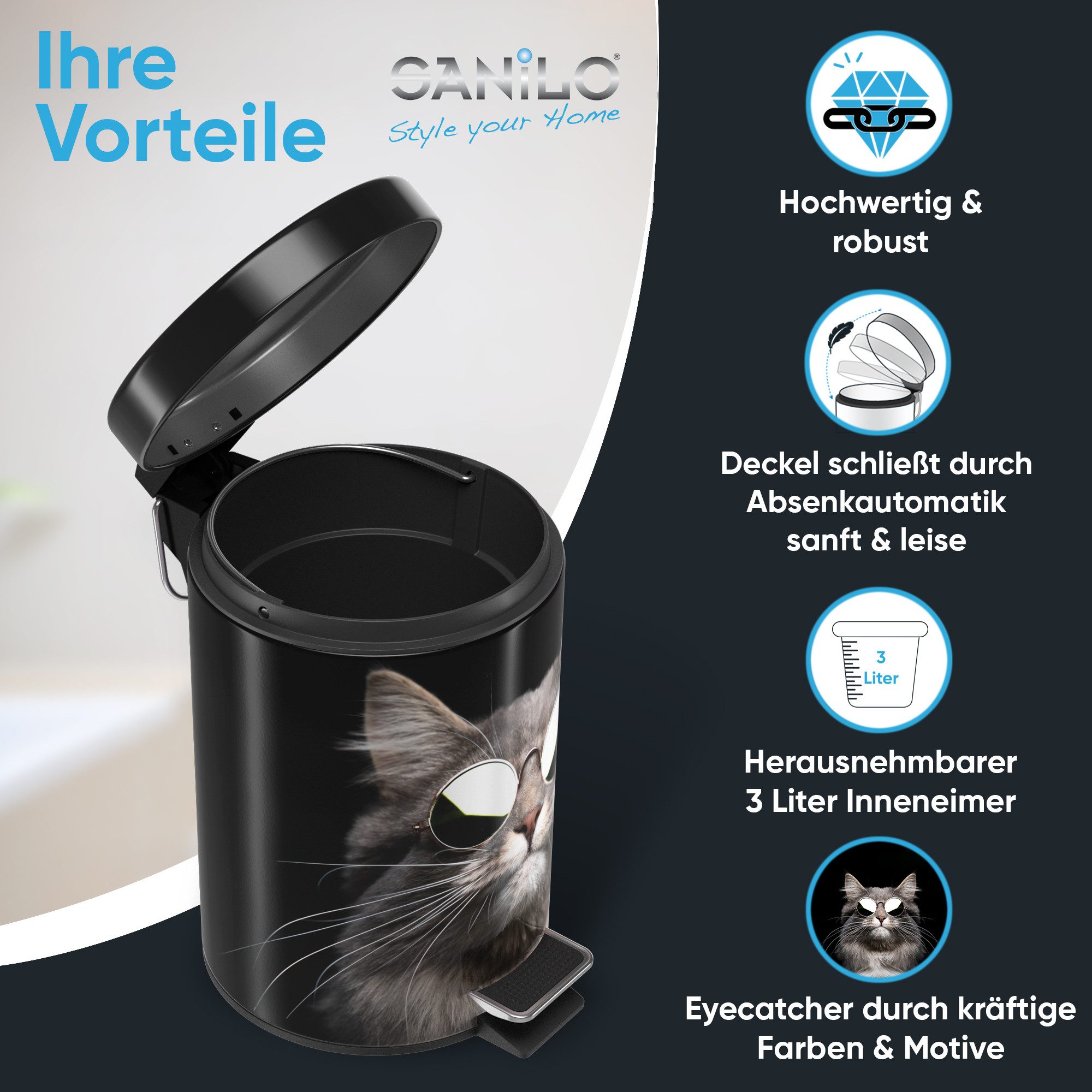 Sanilo Kosmetikeimer mit Motiv, viele schöne Bad Mülleimer zur Auswahl, 3 Liter, Abfalleimer mit Absenkautomatik & Innenbehälter