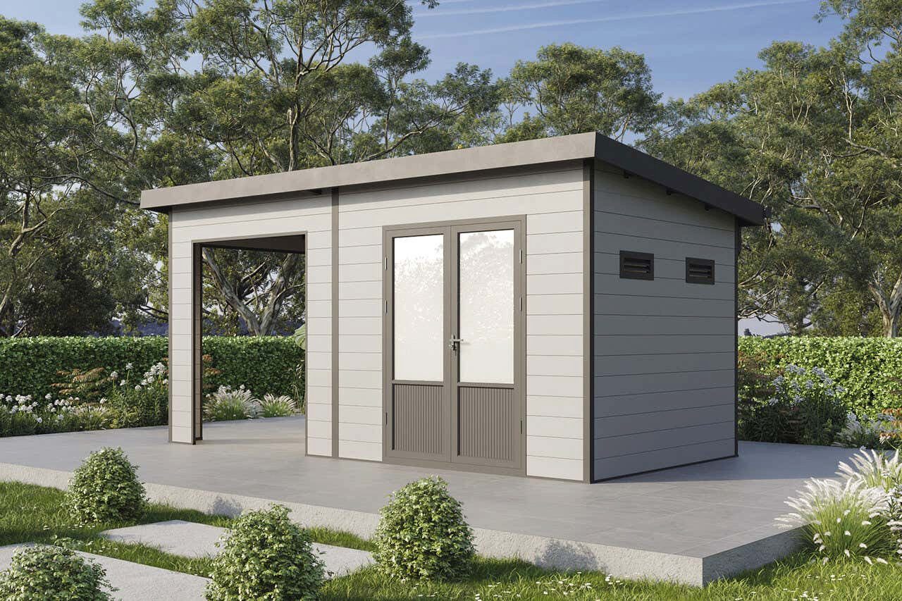 Finnhaus Wolff Gerätehaus Holz WPC Tona 5024 28 Hellgrau, BxT: 531x277 cm, in Naturbelassen mit 28mm Wandstärke