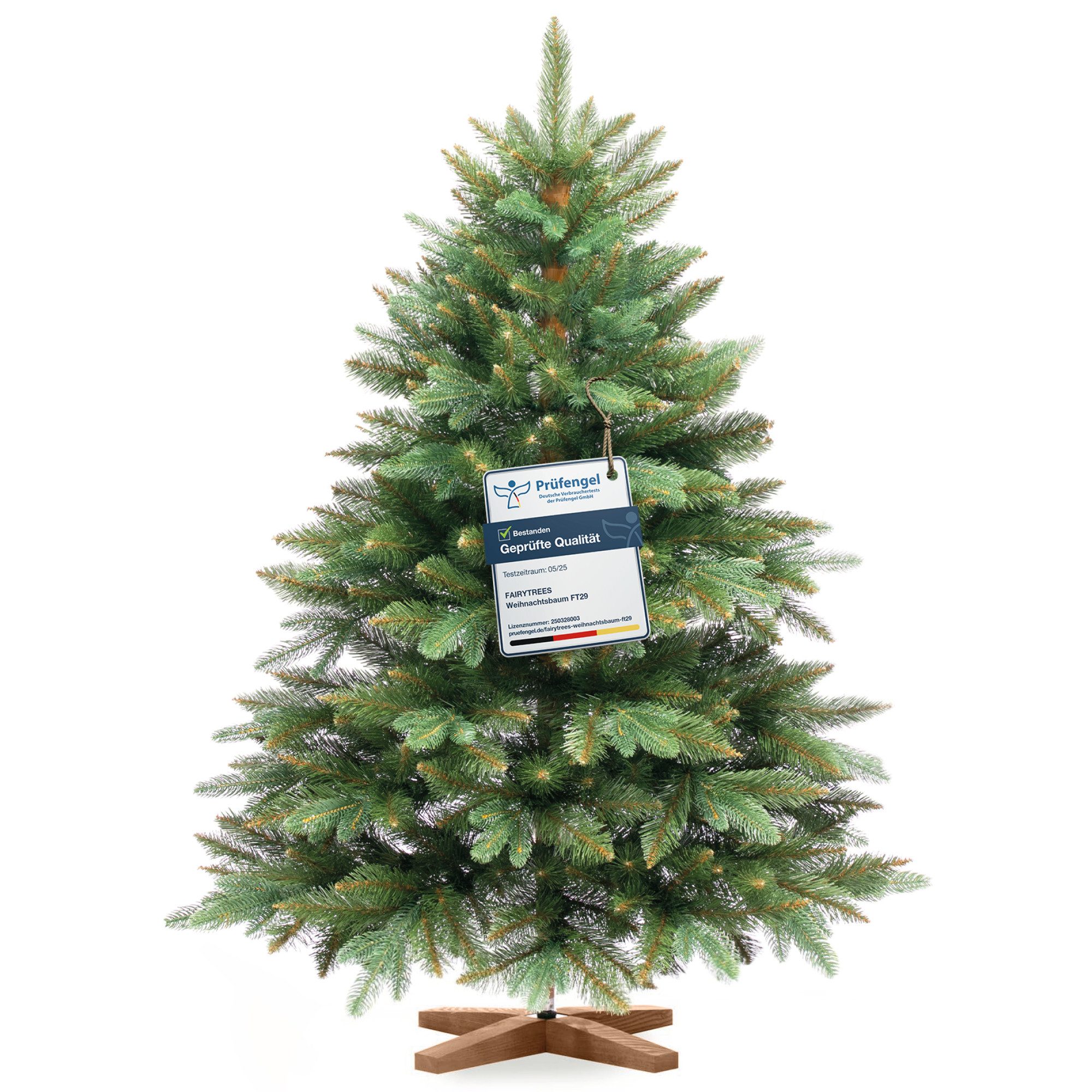 Fairytrees Künstlicher Weihnachtsbaum FT29, Nordmanntanne Premium, mit braunem Stamm und Echtholz Baumständer