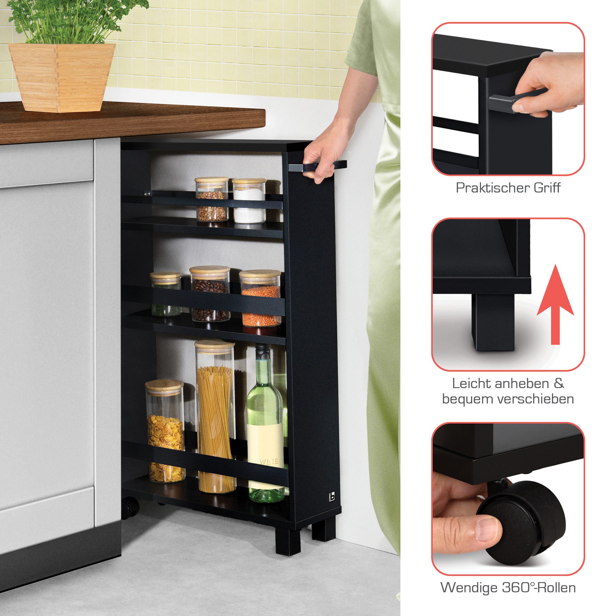 bomoe Küchenwagen Nischenregal 15cm breit Hylla, 79x50cm, Schwarz, Küchenwagen Küchenregal Schmal – Rollwagen 3 Fächer & Arbeitsplatz